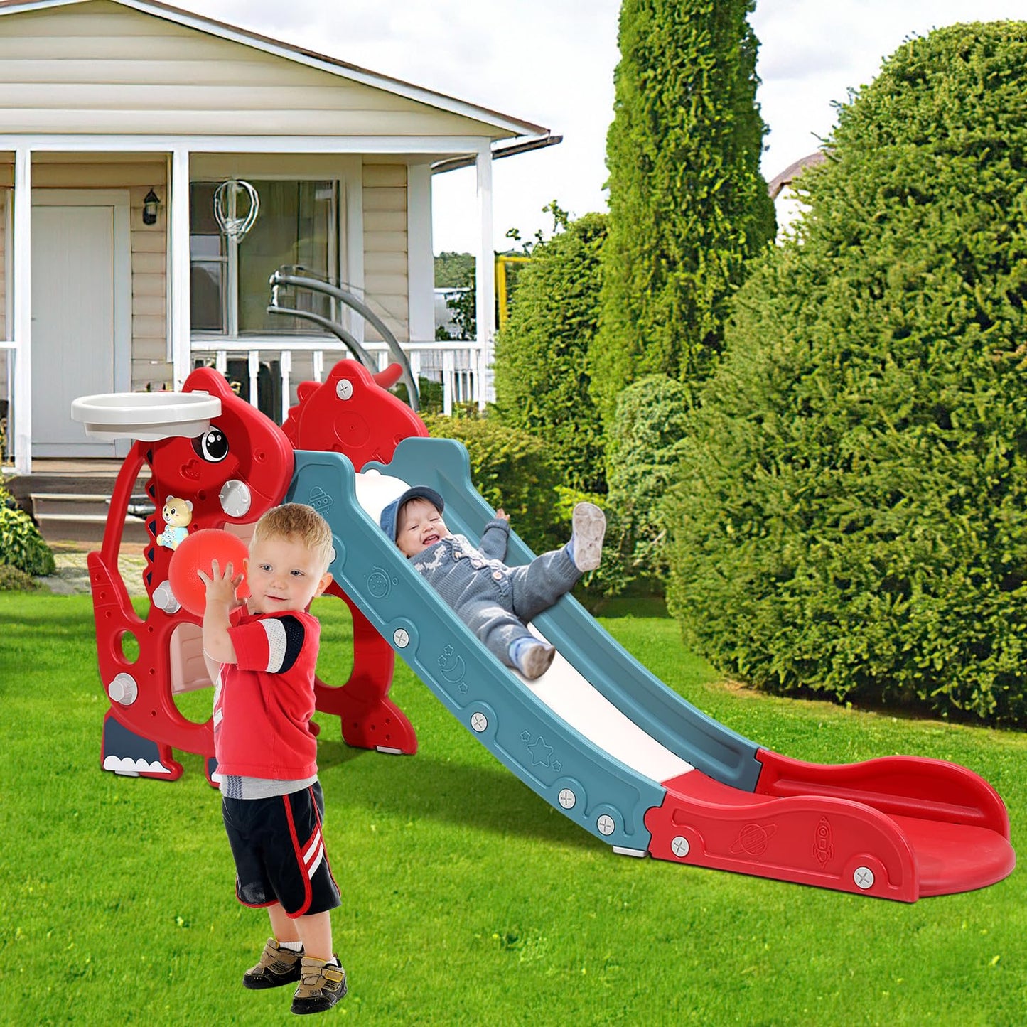 Joparri Children's Slide Foldable Children's Slide Stable Garden Slide with Basketball Hoop and Armrests, Children's Fun Slide with English Early Education Device, Indoor and Outdoor Toddler Slide,