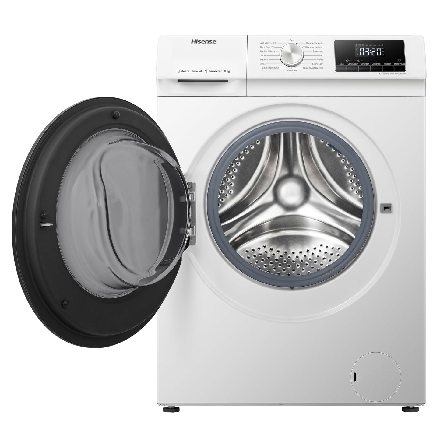 Hisense WF3S8043BB3 Waschmachine mit Dampffunkunktion, 8 kg, 1400 U,min, WIFI, ConnectLife, Power JetWash, Anti-Allergie Programm, Aqua Stop, Auto Wash, Quick Wash, EEK A-30 Prozent
