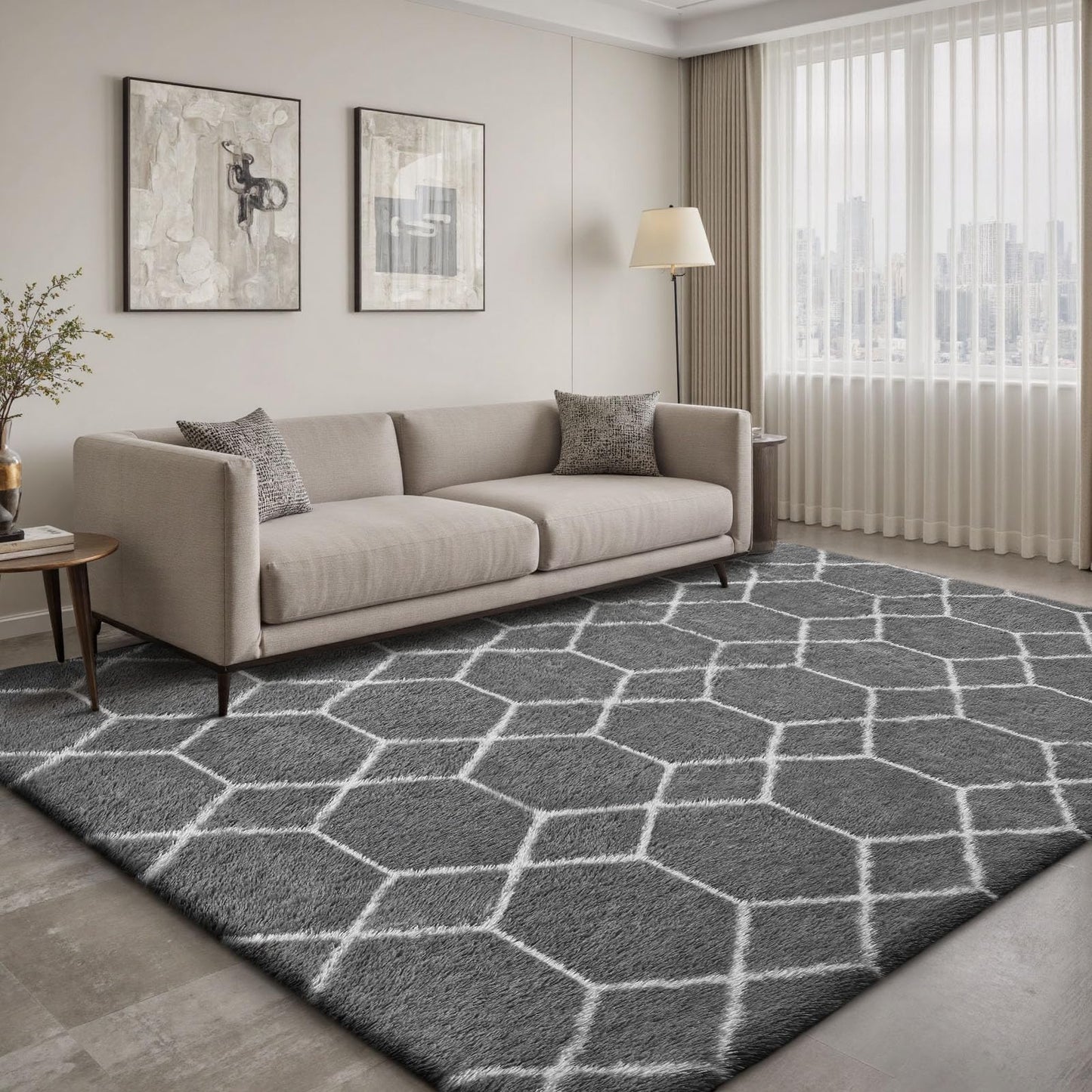Sour Lemon Hochflor Teppich Grau Carpet Wohnzimmer 240x300 Waschbar Anti-Rutsch Extra Große Teppiche Schlafzimmer Flauschige Moderne Teppiche Matte Teppichen für Schlafzimmer Kinderzimmer
