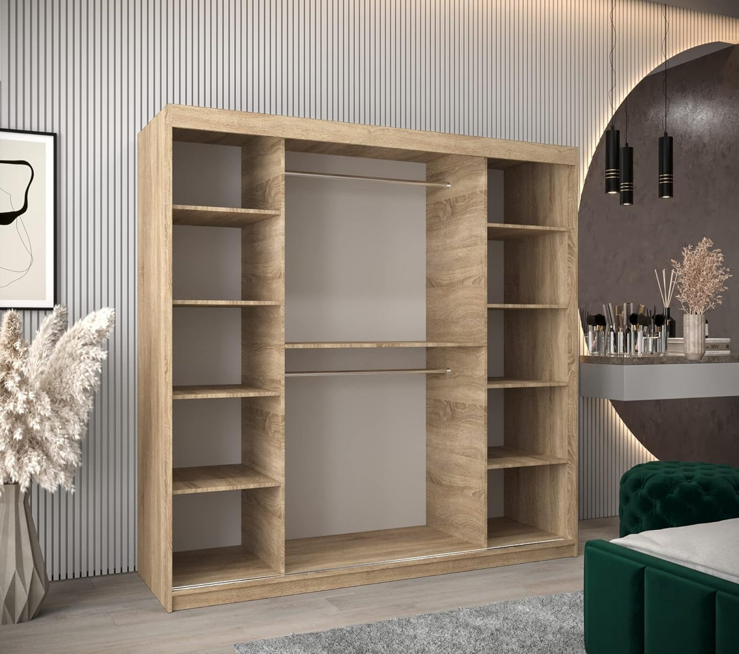 Kryspol Schwebetürenschrank York 250 cm Kleiderschrank mit Kleiderstange und Einlegeboden Schlafzimmer- Wohnzimmerschrank Schiebetüren Modern Design (Weiß)