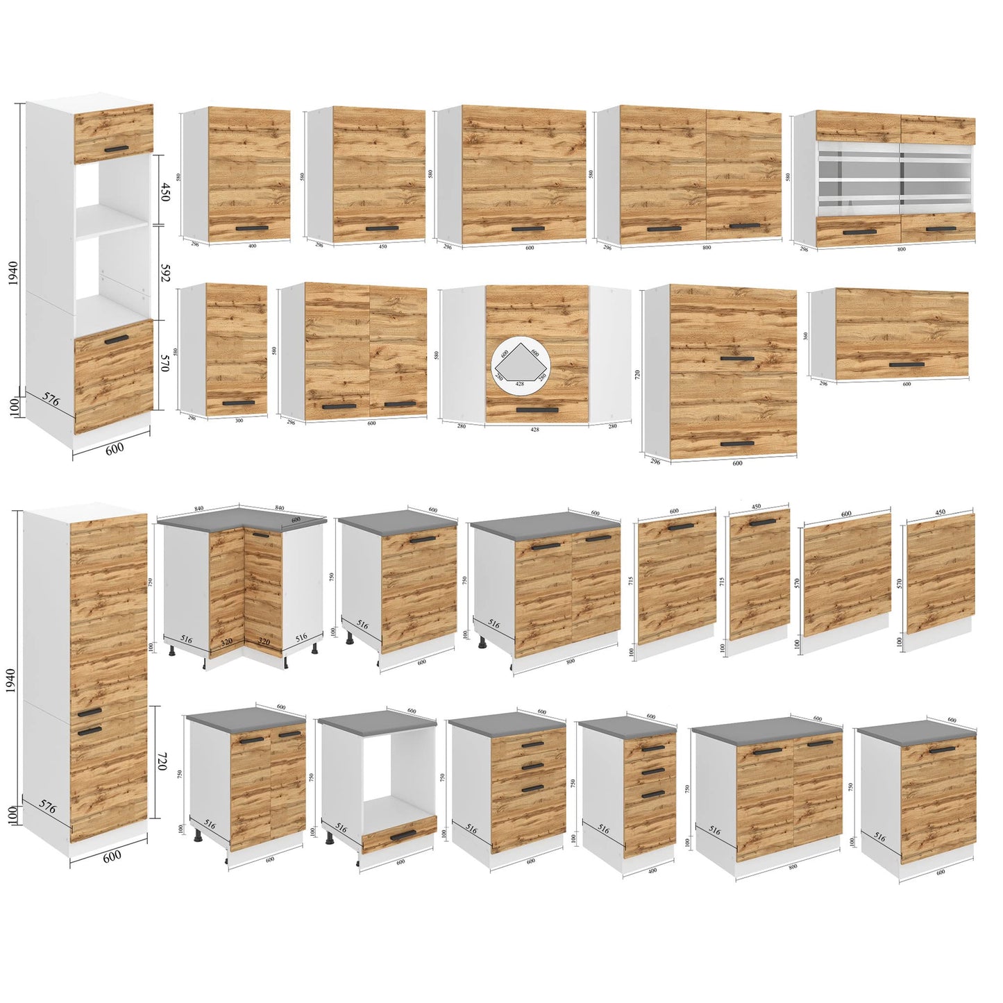 Belini Linda Kitchen Unit, Kitchen Furniture 240 cm, Fully Equipped without Electrical Appliances, with Wall Cabinets and Base Cabinets, with Worktops, Matt White