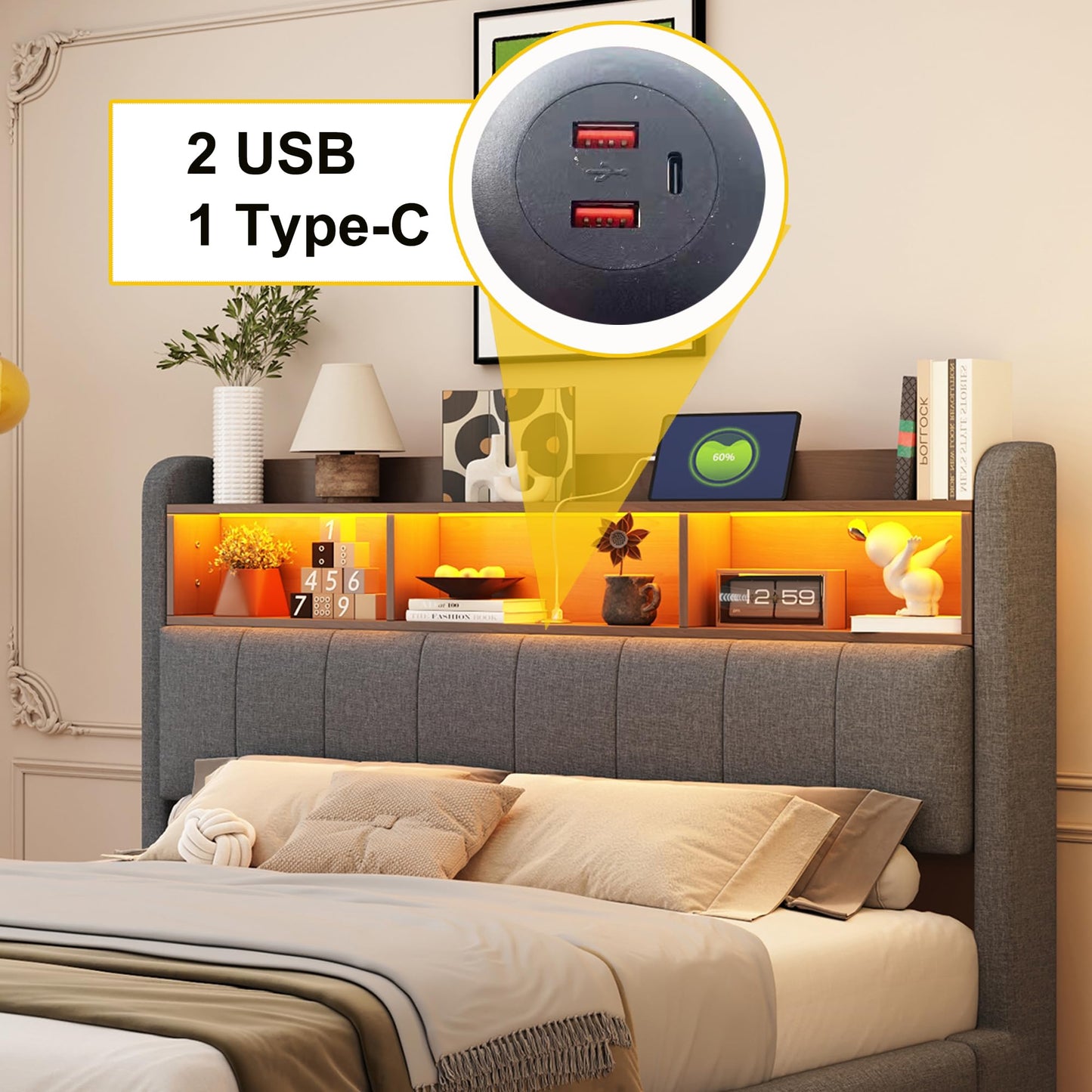 LAKFEW Polsterbett 140X200 cm, Doppelbett Stauraumbett mit LED-Beleuchtung, Erwachsenenbett mit USB/Typ-C, Bettgestell Bett mit Lattenrost, Ohne Matratze, Grau, Leinen