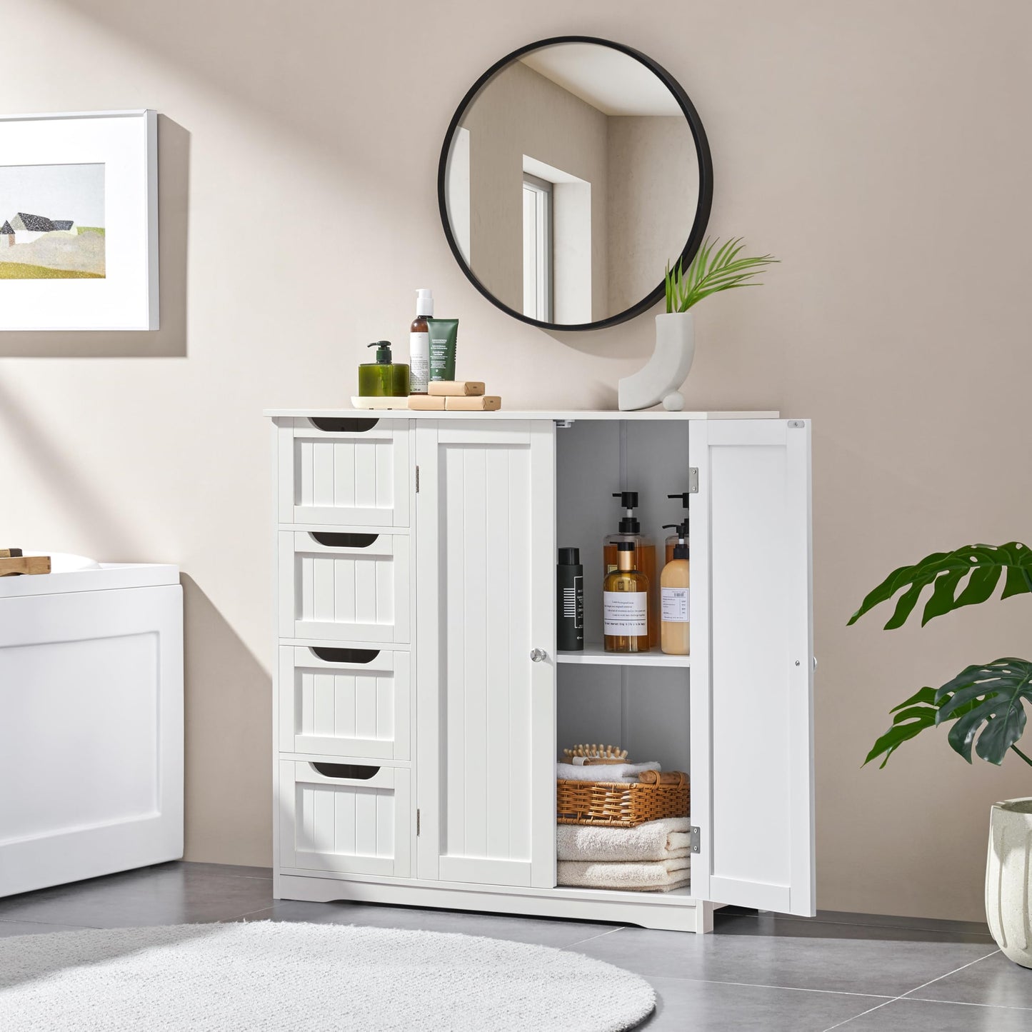 Yaheetech Bathroom Cabinet Floor Cabinet with 4 Drawers and 2 Doors Bathroom Cabinet Floor Cabinet with Height-Adjustable Shelf for Bathroom Living Room Hallway Kitchen White