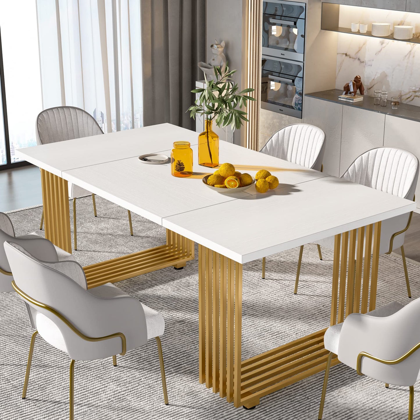 Tribesigns Moderner Esstisch für 6-8 Personen, 70,8 Zoll lang, weißer Esszimmertisch für Küche, Holz Küchentisch mit goldenen Metallbeinen, rechteckiger Esstisch für Esszimmer, Familientreffen