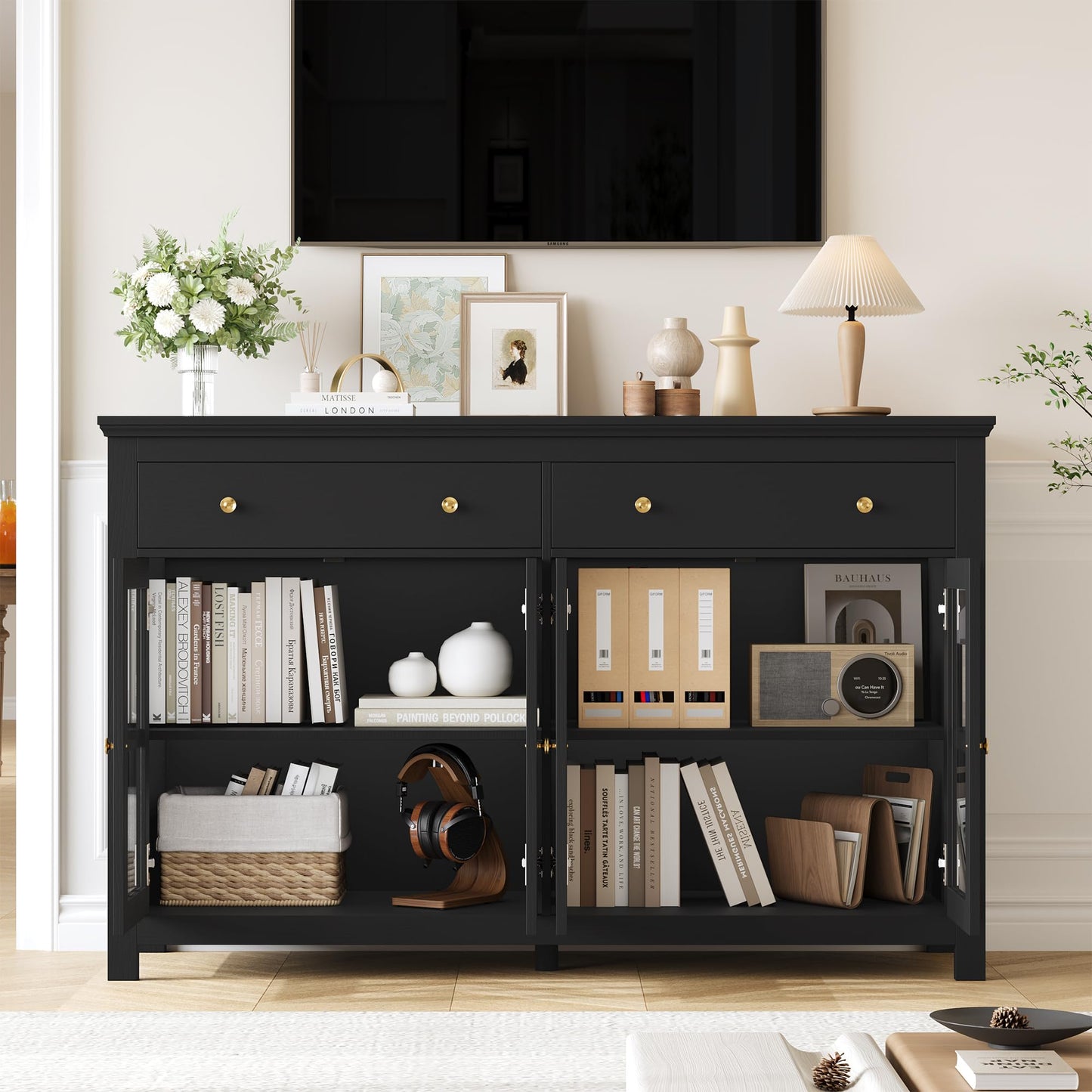 FirFurd Sideboard 140 cm Wide Kitchen Cabinet with Worktop Sideboard Living Room Kitchen Buffet Cabinet with 2 Drawers 4 Glass Doors Kitchen Buffet with Adjustable Shelves 140 x 40 x 91 cm Black
