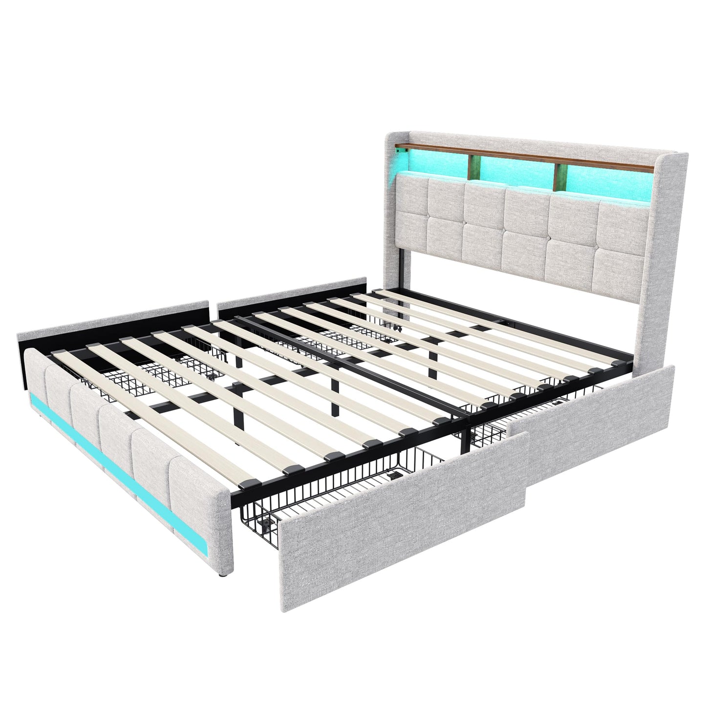 KeepGoon Doppelbett 140 x 200 cm,Polsterbett mit LED-Leuchten, 4 Eisenschubladen und einem USB Ladeanschluss,Stauraumbetten Bettgestell,Leinenstoff (Beige)