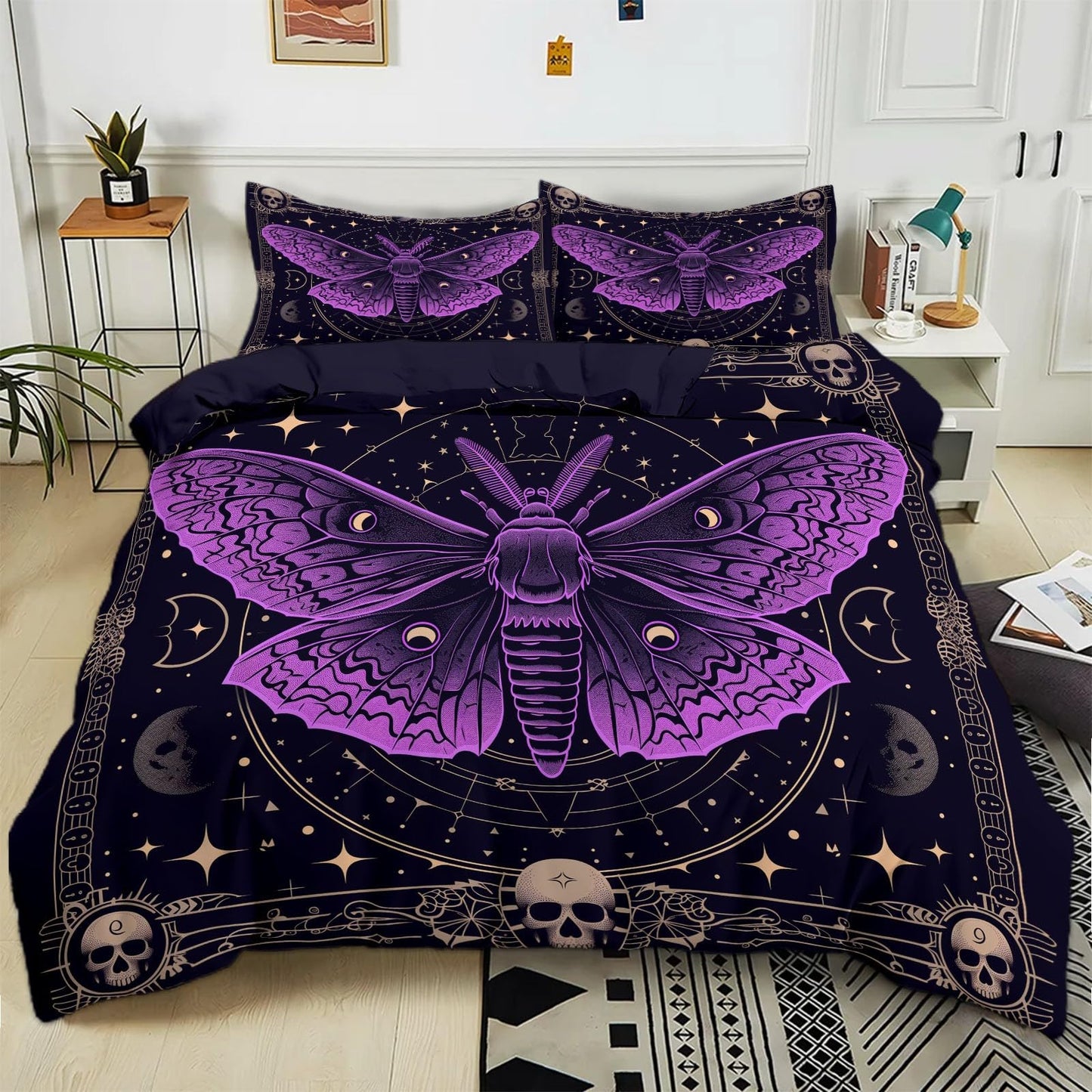 Bed Linen 135 x 200 cm Halloween Moon Black Cat Grey 3D Printed Duvet Cover Easy Care 3-Piece Bedding Set Polyester Cotton with Zip and 2 Pillowcases