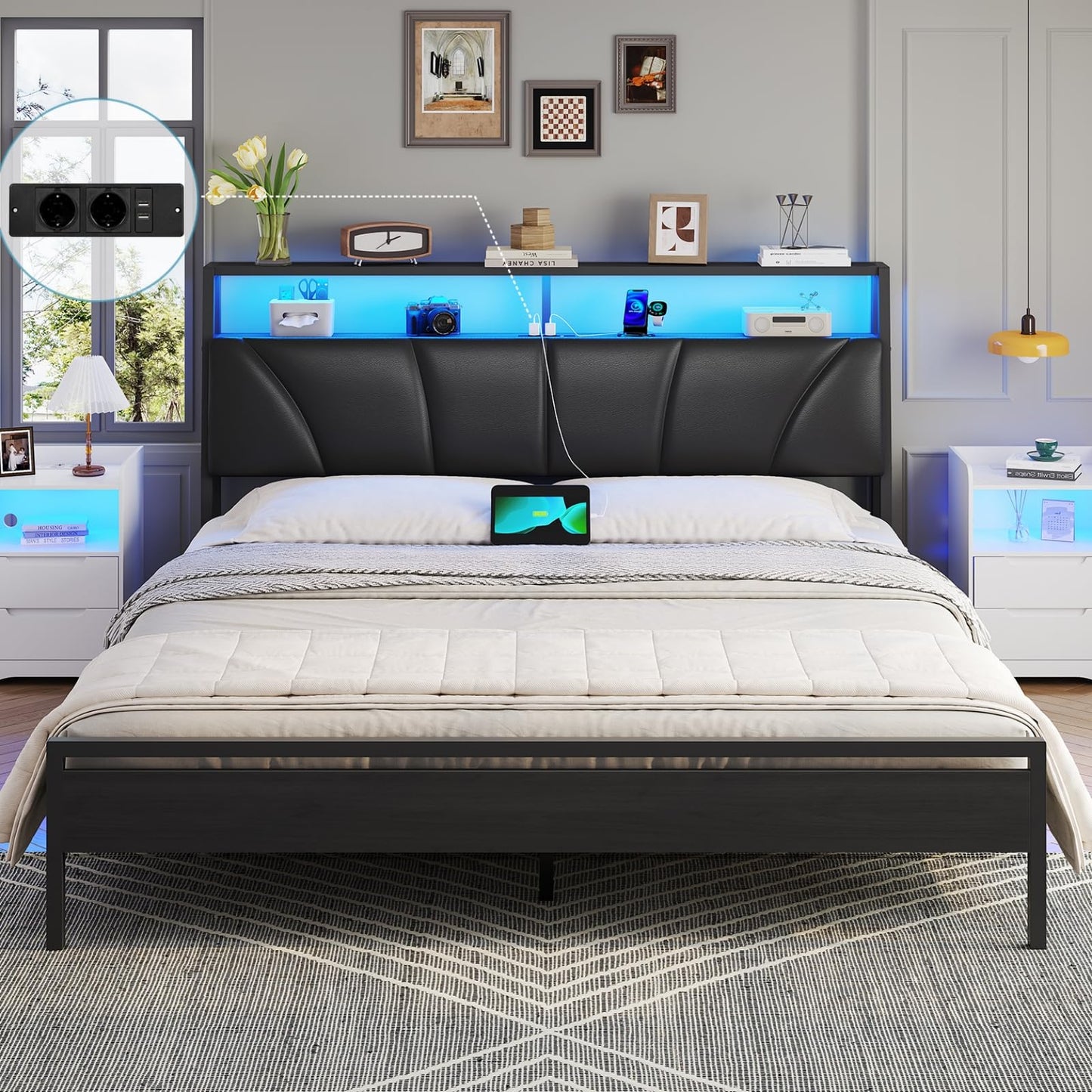Brinlawb Bed 140 x 200 cm with Metal Slatted Frame, Bed Frame 140 x 200 cm with LED Lighting, Metal Bed 140 x 200 cm with Headboard and Charging Station (2 AC Sockets, 2 USB Ports), Youth Bed, Double
