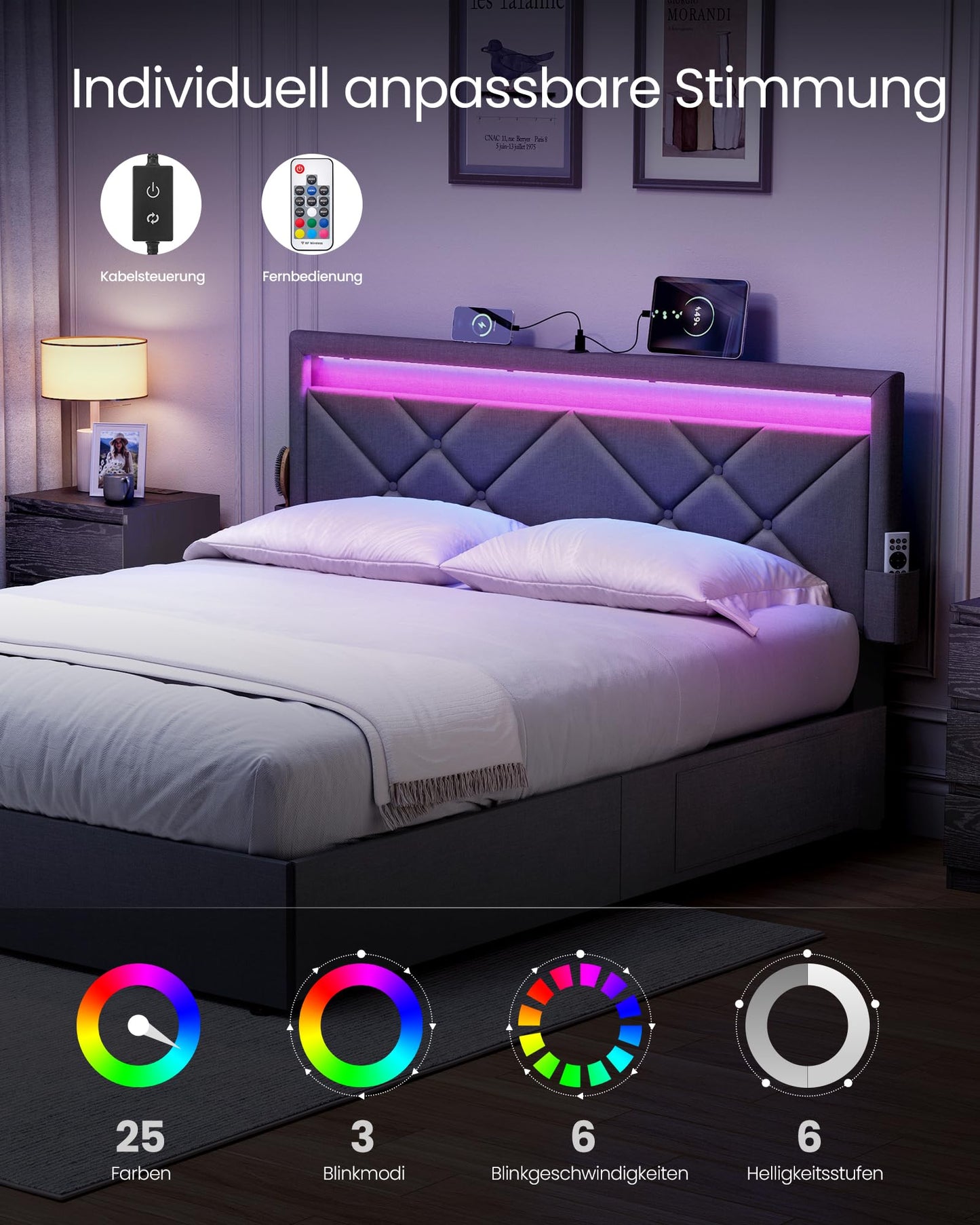 VASAGLE Double Bed Frame - Fits 140 x 200 cm Mattress - LED Metal Bed - 4 Drawers - Charging Station - Adjustable Padded Headboard - Slate Grey RMB827G02