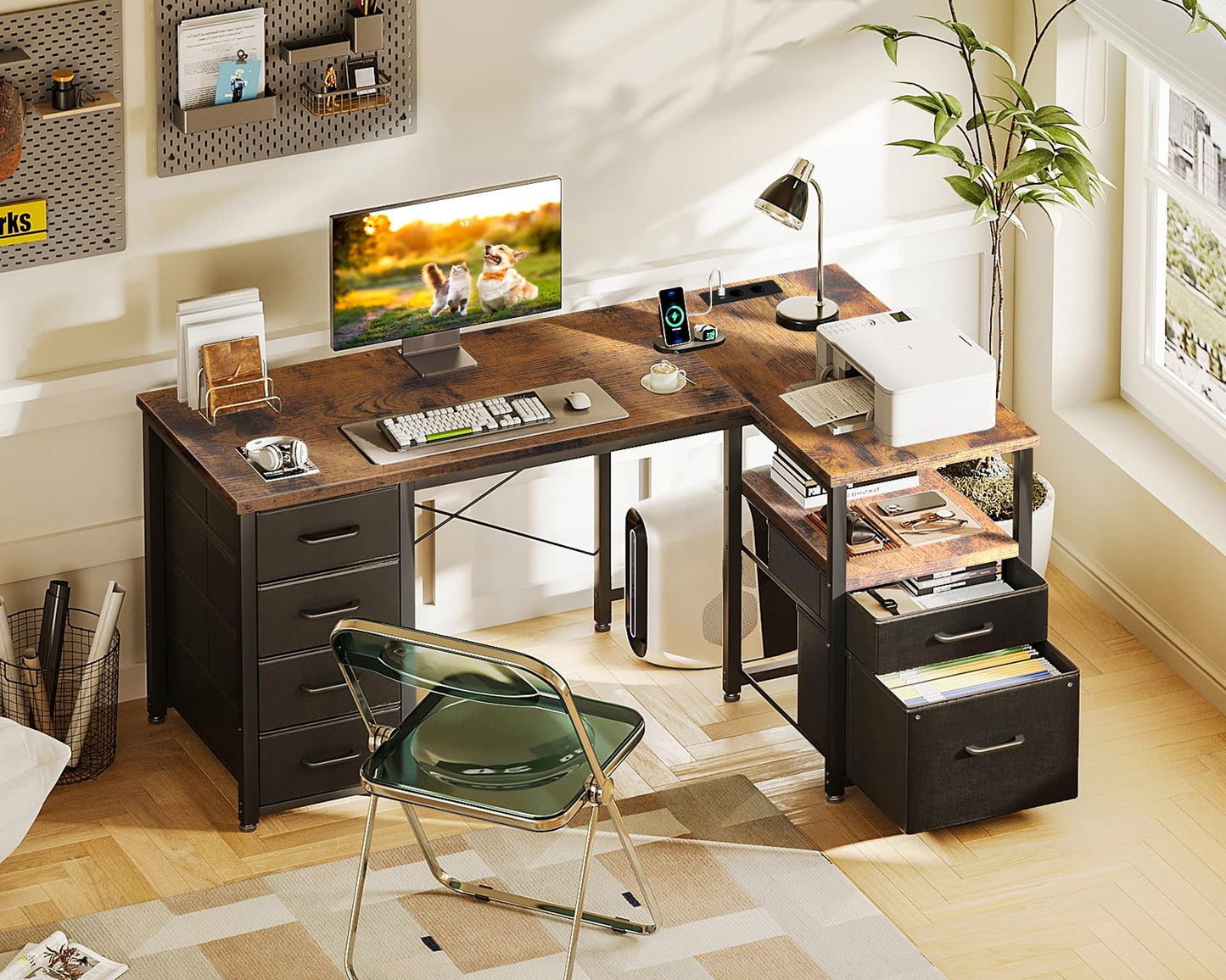 Coleshome Desk with Fabric Drawers, Reversible Desk L Shape with Filing Drawer, Corner Desk with USB Charging Port and Socket, Home Office Desks (White, 140 x 70 cm)