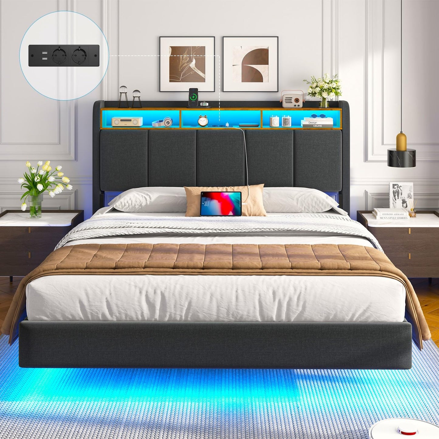 Brinlawb Upholstered Bed 140 x 200 cm Floating Bed with LED Lighting, Headboard and Charging Station (2 AC Sockets, 2 USB Ports), Bed 140 x 200 cm with Storage Space, Modern Double Bed with Slatted