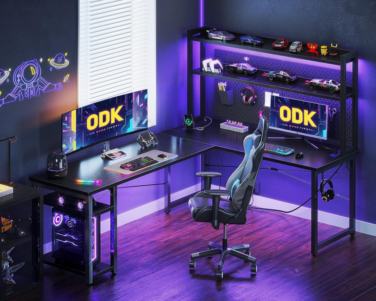 ODK Eckschreibtisch Weiß mit Stall, 150×120 cm Reversibel Gaming Tish L Form mit LED, Computertisch mit USB-Ladeanschluss&Steckdose, Gaming Schreibtisch für das Heimbüro