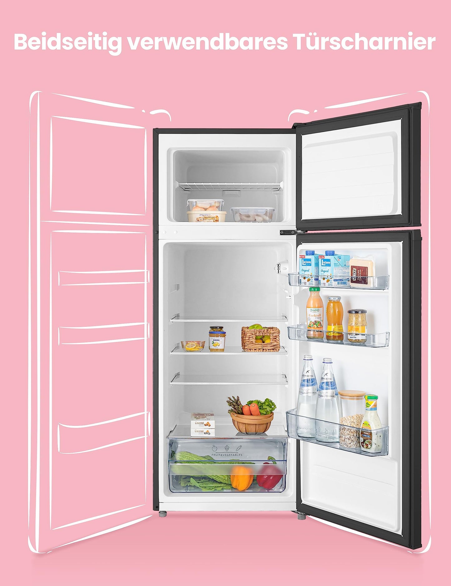 Comfee RCT284DK2A Fridge/Freezer, Top Freezer Compartment, 176 kWh/Year, 143 cm Height, LED Light, Reversible Door Hinge, Black