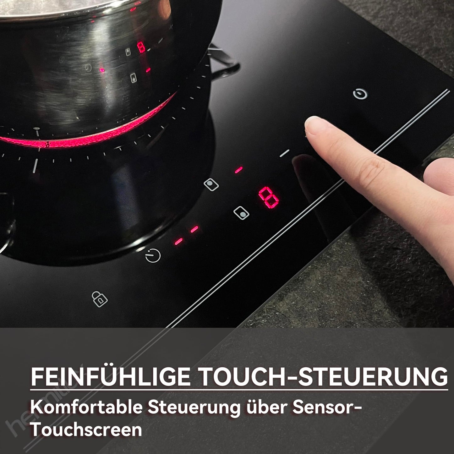 Hermitlux kochfeld 28,8cm, Glaskeramik Kochfeld 2 Platten, 9 Leistungsstufen, Touch-Steuerung, Timer, Kindersicherung, Geeignet für Alle Töpfe, 3300W