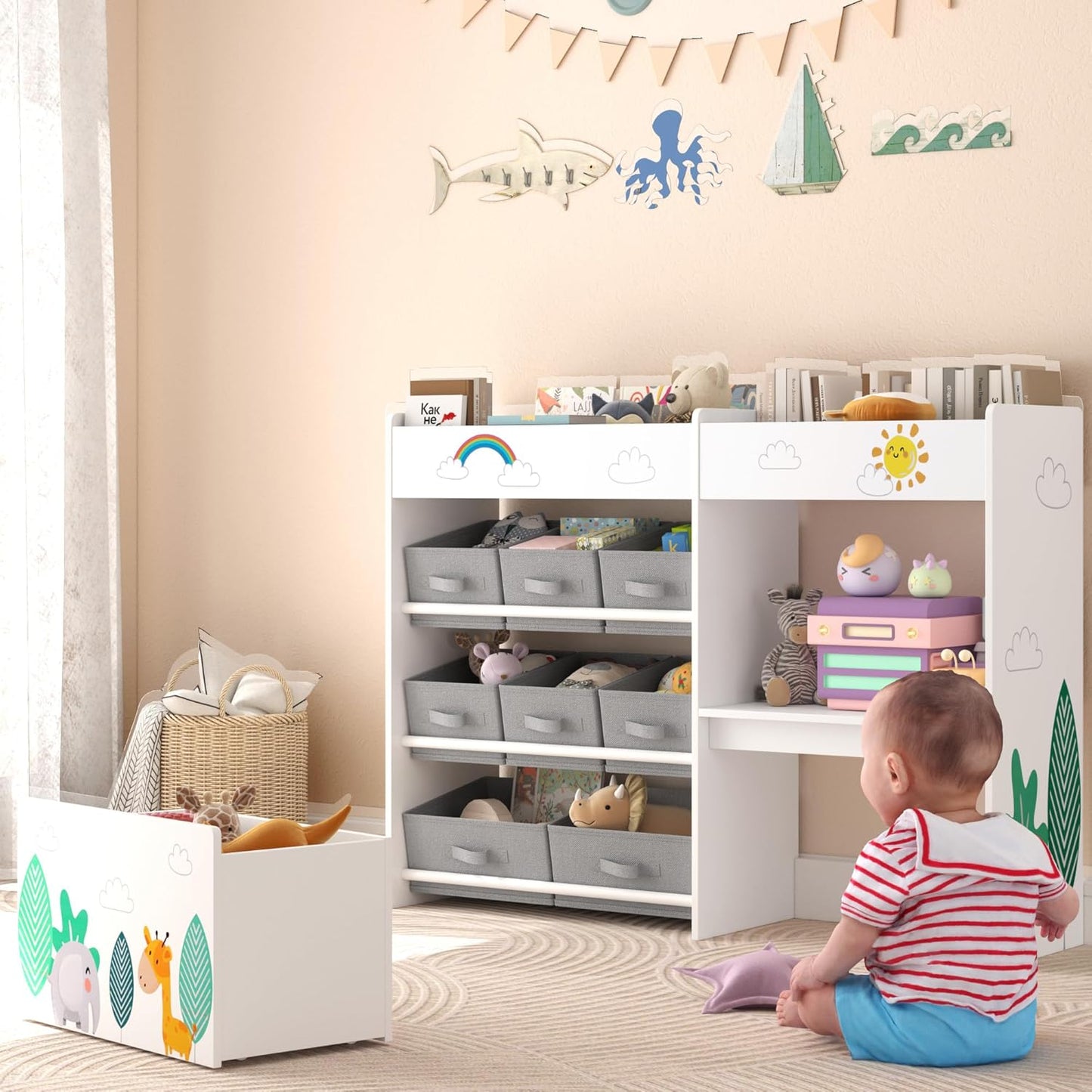 HOCSOK Spielzeugregal, Kinderregal mit 10 Stoff Aufbewahrungsboxen, Bücherregal, Spielzeugkiste auf Rollen, Spielzeug-Organizer im Kinderzimmer, Weiß
