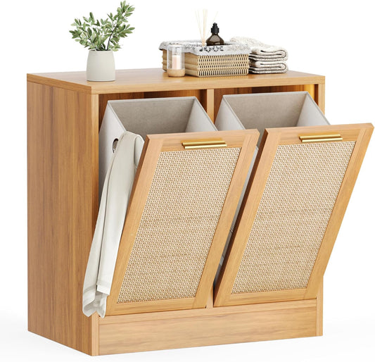 Pamapic Wäscheschrank mit 2 Abnehmbaren Wäschekörben, Magnetverschluss & Echtes Rattan-Design, Badschrank mit Wäschekorb, Wäschekorb Schrank Kippschutz, 66 x 39,5 x 68 cm, Holzfarbe