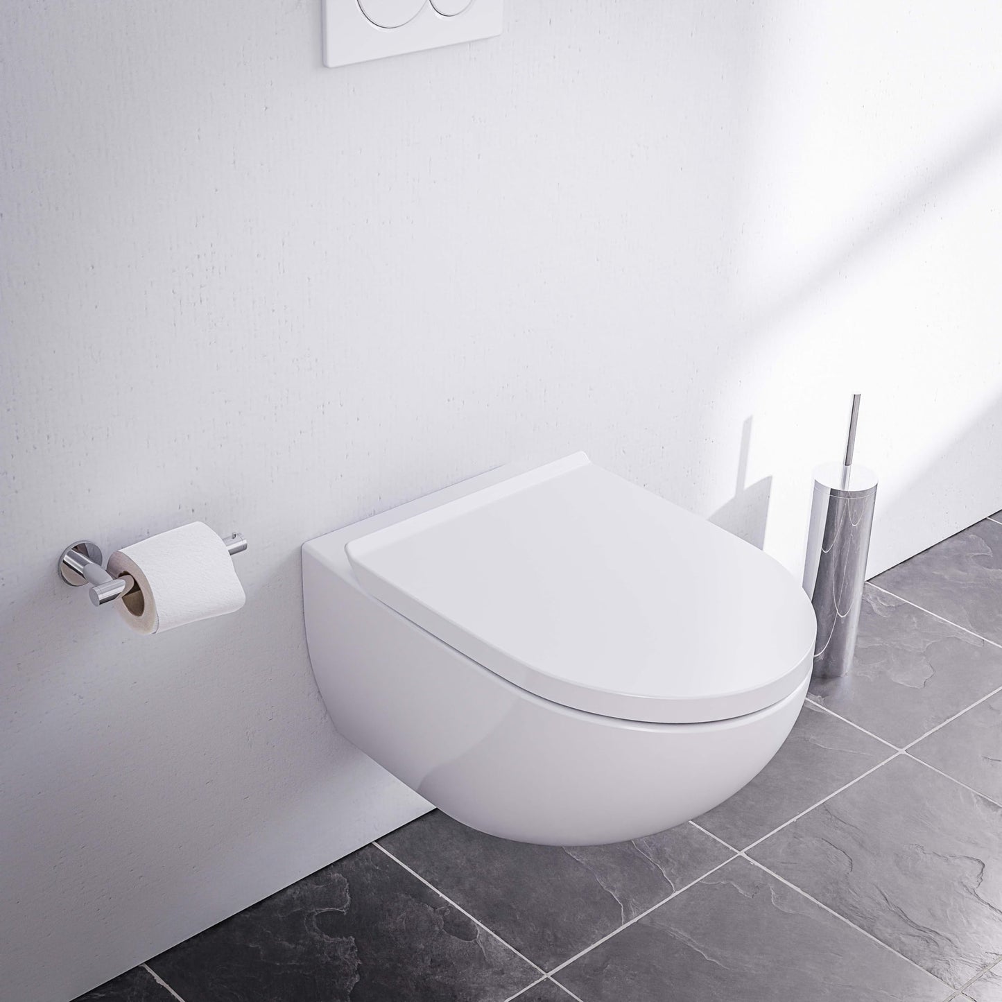 BERNSTEIN® Design Wand WC spülrandlos spülrandloses Hänge WC Set Toilette mit abnehmbareren Deckel Hängetoilette WC ohne Spülrand E-9030 Farbe: Weiß glänzend