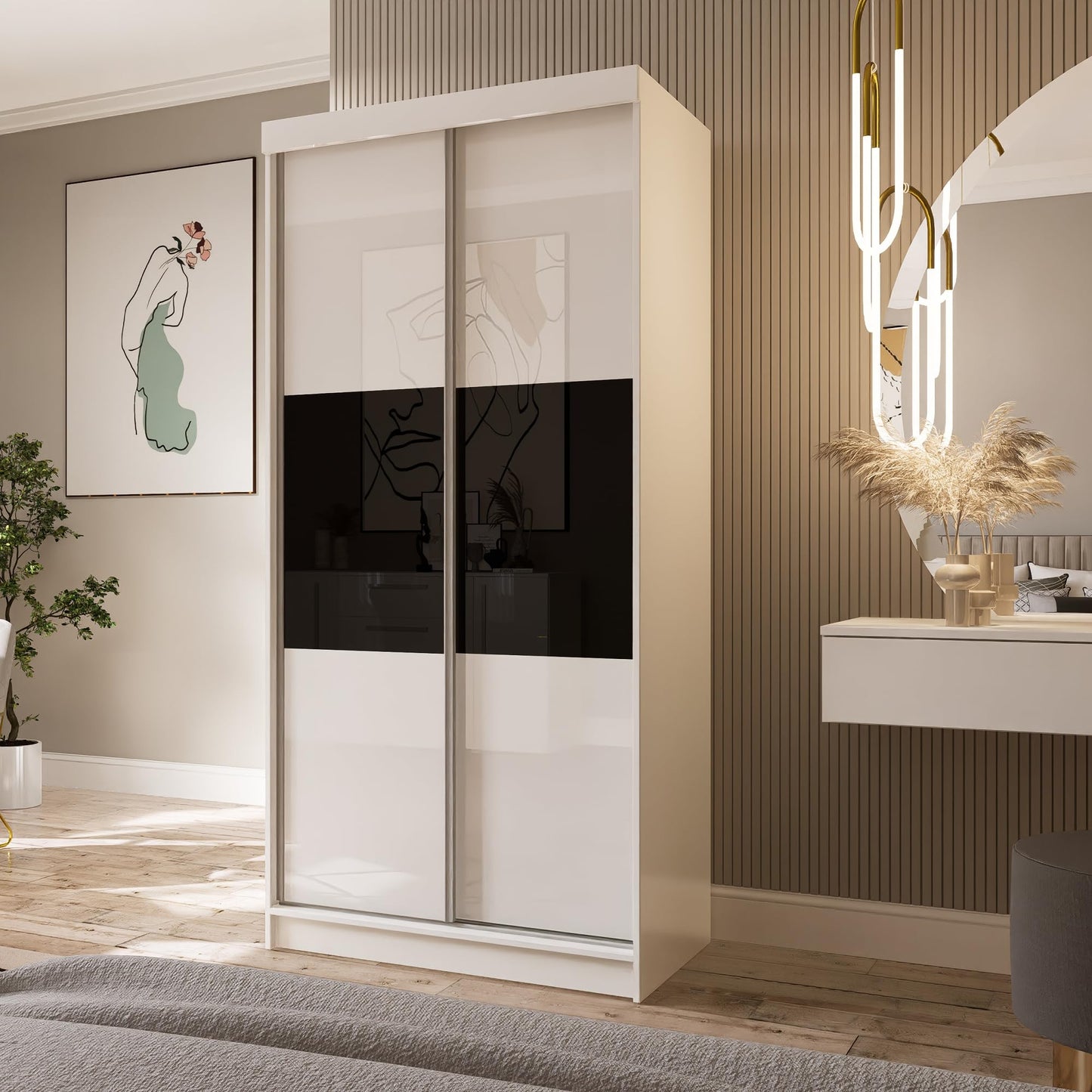 Marlux-Meble Two-Door Wardrobe 230 cm Wide with Floating and Sliding Doors Corner Wardrobe Bedroom Cabinet Hallway Cabinet System Cabinet High Gloss Cabinet