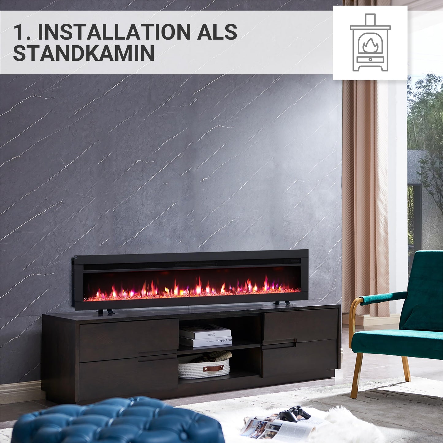 BALDERIA Elektrokamin Agnes 36" | 3in1 Elektrischer Stand-, Wand- oder Einbaukamin mit 3D-Flammeneffekt | Elektro Heizung 1800W | Kamin mit Fernbedienung, Startsteuerung, Timer & Thermostat | Schwarz