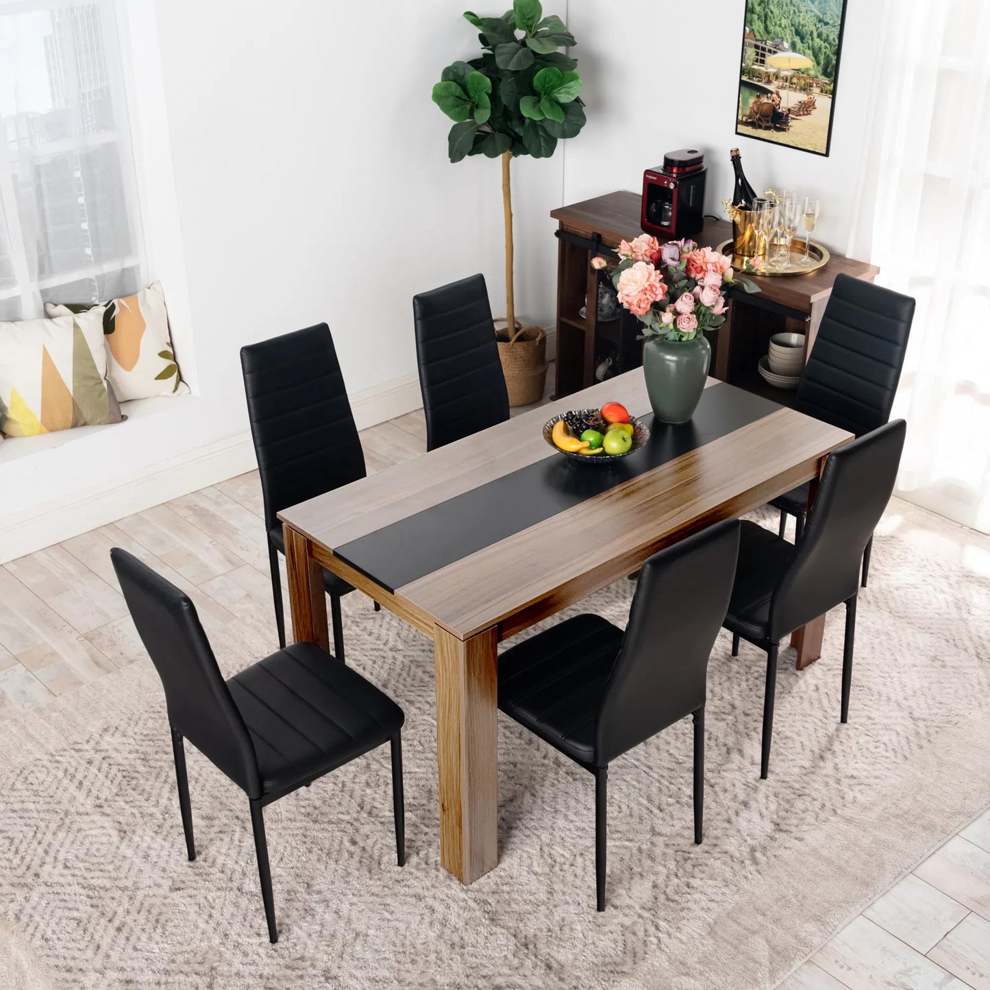 FURNITABLE Esstisch mit 6 Stühlen Esszimmergruppe, Essgruppe mit Hochlehner Kunstleder Stuhl für 6 Personen, Sitzgruppe für Küche Wohnzimmer(160cm Eiche-Weiß Tischbein Tisch+6 Schwarz Stühle)