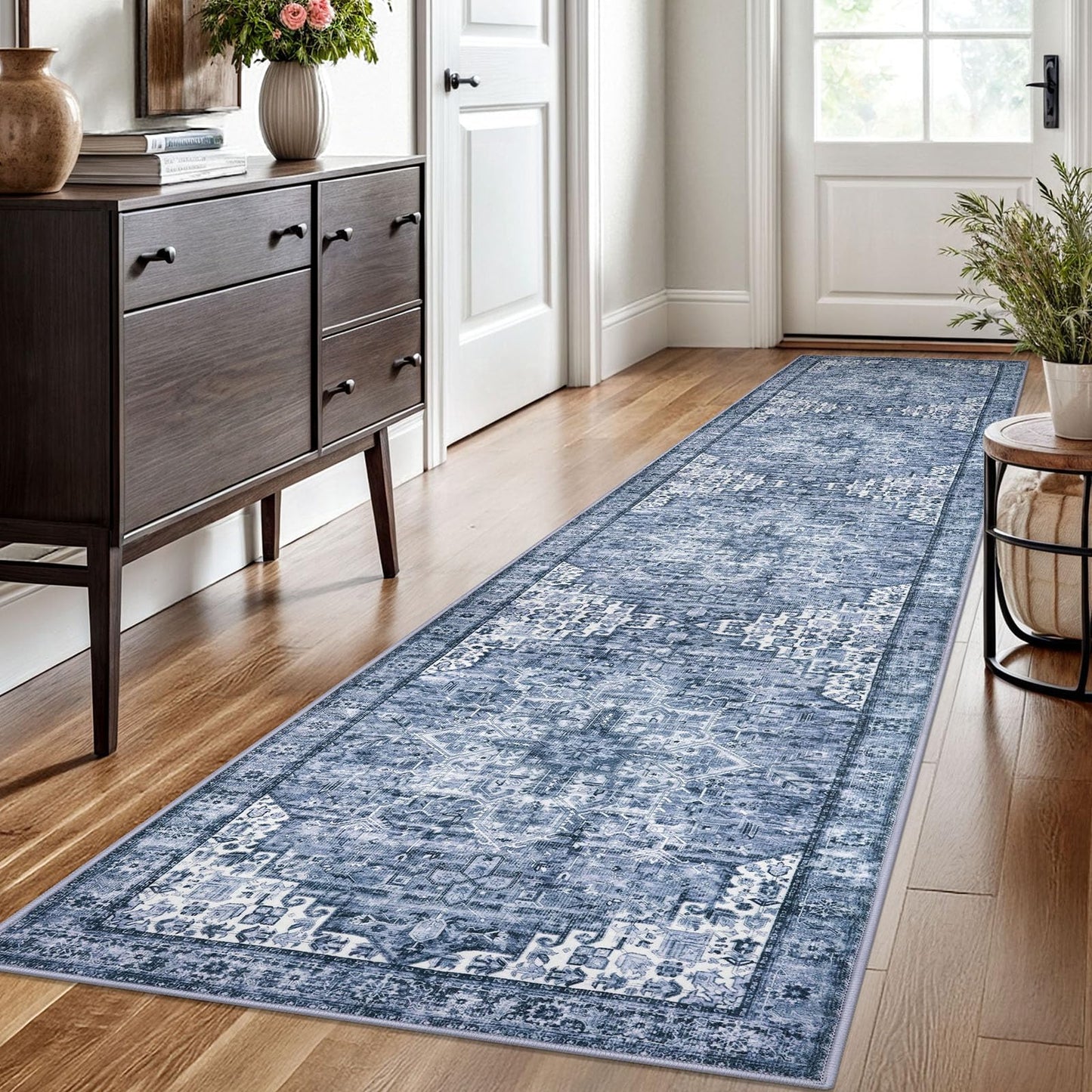 2x3 Blue Washable Rug for Entrance, Soft Traditional Area Rug, Non-Slip Printed Kitchen Rugs, Low-Pile Medallion Indoor Door Mat, Small Farmhouse Carpet for Entryway Kitchen Foyer Bedside