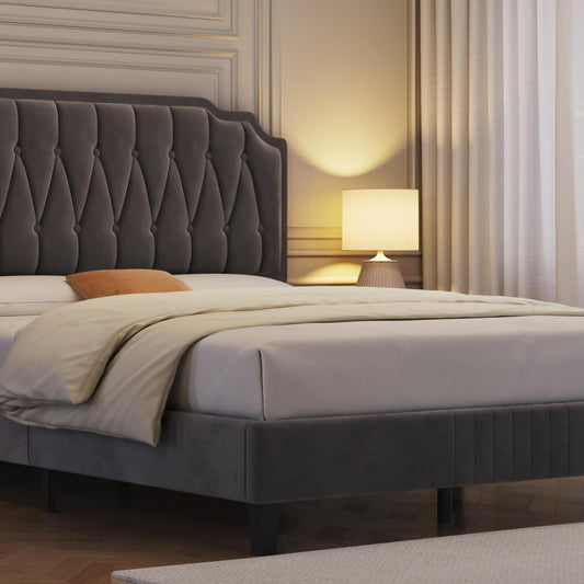 Yaheetech Upholstered Double Bed 140 x 200 cm Fabric Bed Youth Bed Padded Bed with Height-Adjustable Headboard Bed Frame with Slatted Frame, Dark Grey