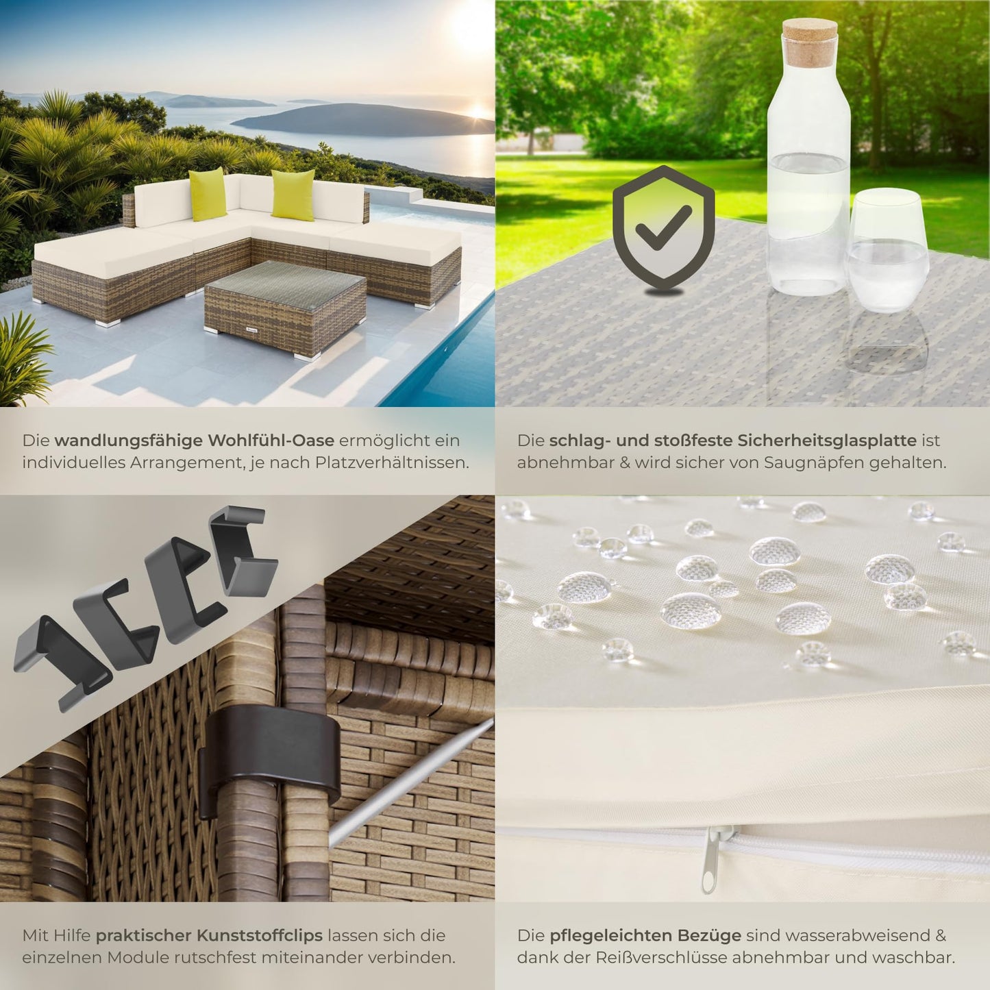 tectake® Aluminium Poly Rattan Lounge, modulares Gartenmöbel Set, großer Outdoor Couch Tisch mit Glasplatte, Sofa Set wetterfest für Garten, Balkon und Terrasse, extra Dicke Polster - grau
