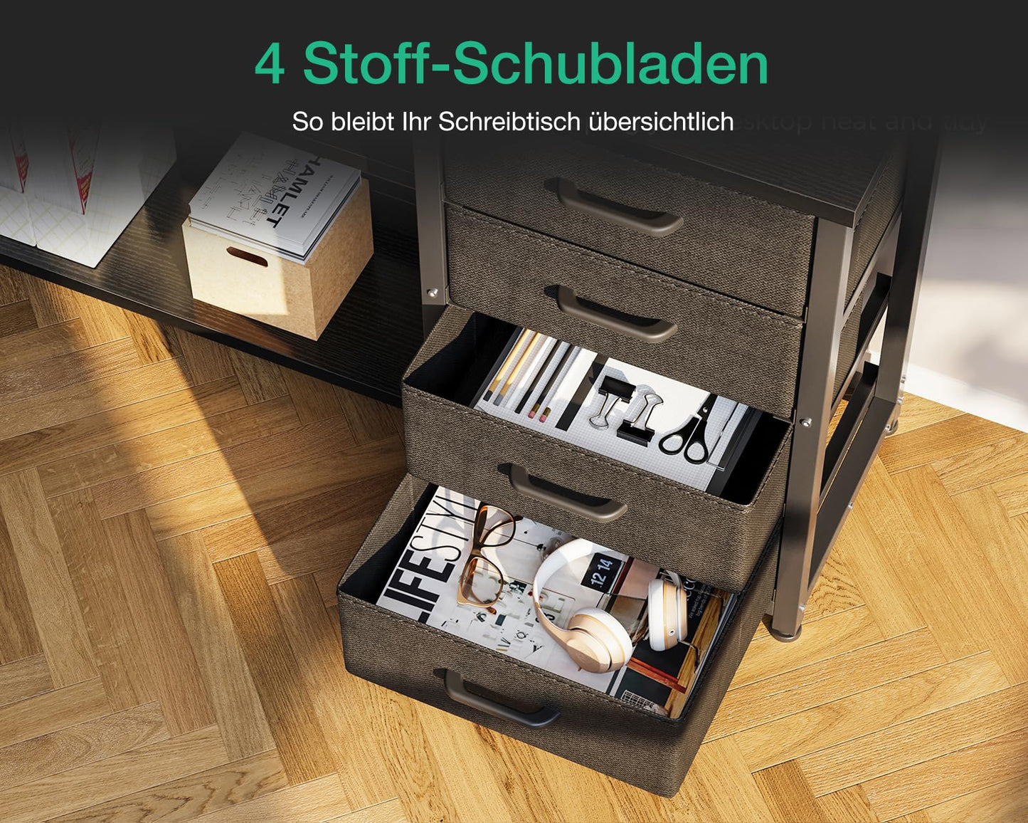 ODK Schreibtisch mit Schubladen, Reversible Eckschreibtisch mit 2 Steckdosen und 2 USB Ladeanschluss, Bürotisch L Form mit LED für Home Office 135×110cm (Graueiche)
