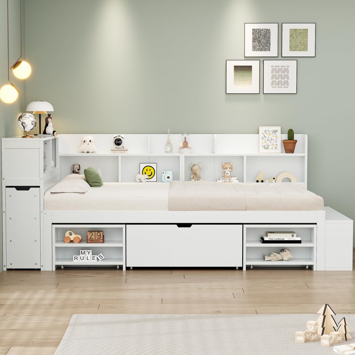 Children's Bed 90 x 200 cm, Wooden Bed with Drawers and Board, Headboard with Bookshelf and Fall Protection, Bed with Slatted Frame and Storage Space, Teenager's Bed, Functional Bed, Wooden Bed Frame,