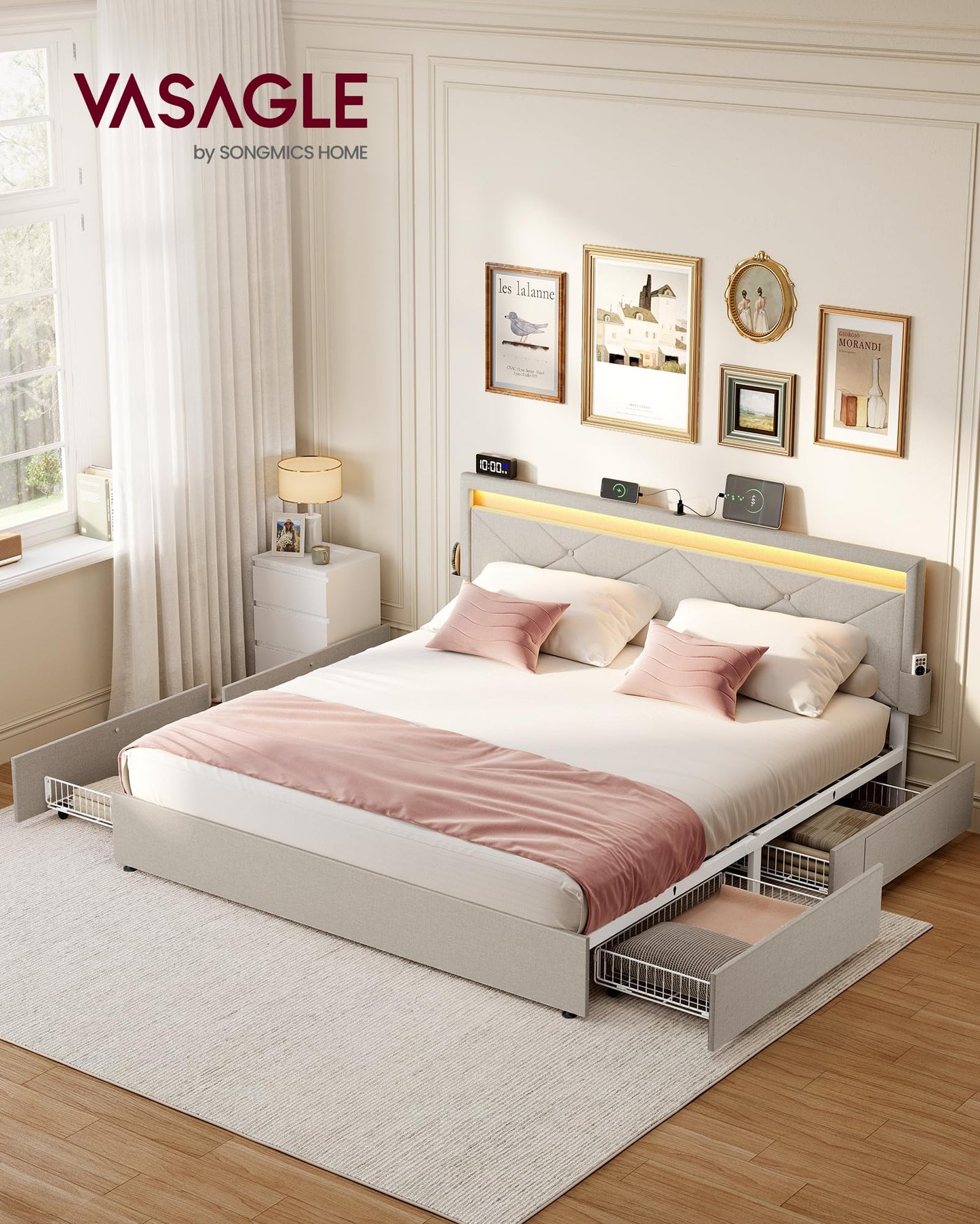 VASAGLE Double Bed Frame - Fits 140 x 200 cm Mattress - LED Metal Bed - 4 Drawers - Charging Station - Adjustable Padded Headboard - Slate Grey RMB827G02