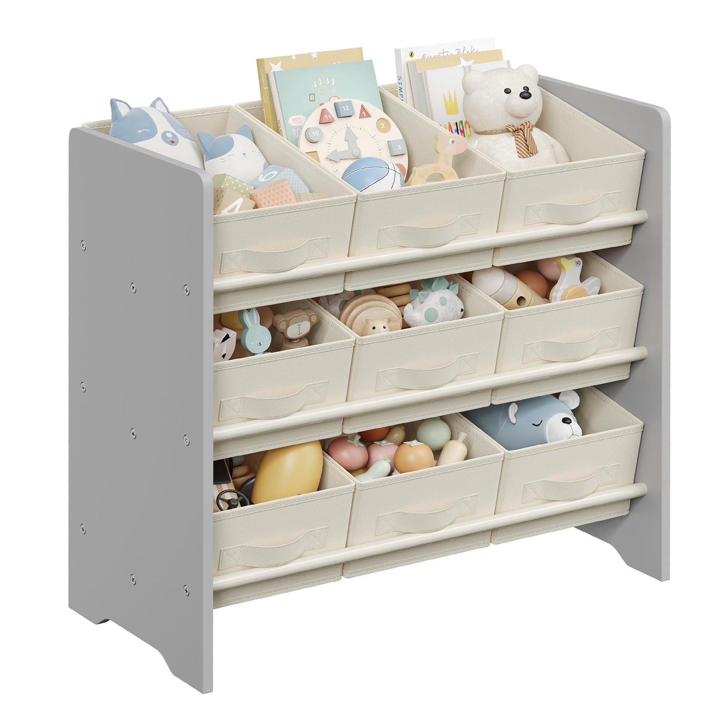 SONGMICS Kinderregal, Spielzeugregal, Bücherregal Kinder, mit 9 Aufbewahrungsboxen aus Vliesstoff, Kinderzimmer Regal, geräumig, 29,5 x 62,5 x 60 cm, wolkenweiß GKR033W10