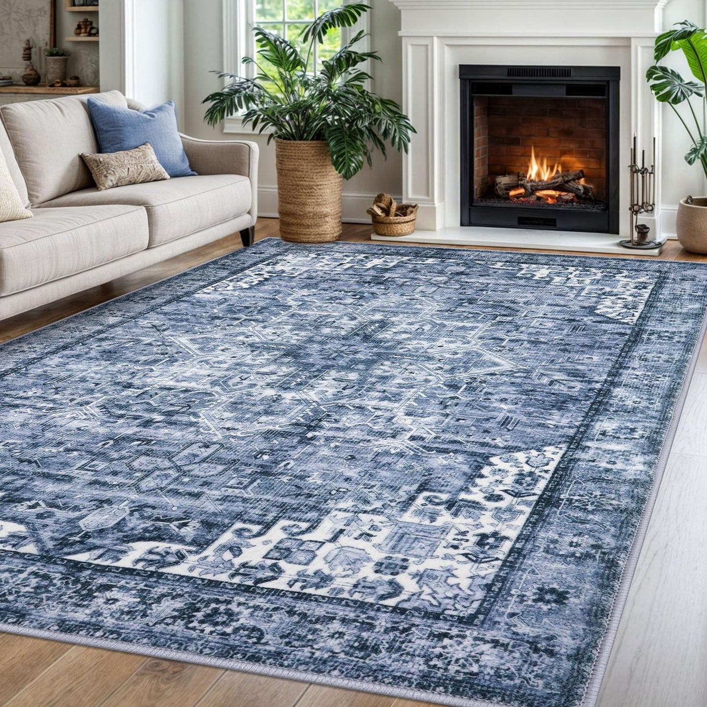 2x3 Blue Washable Rug for Entrance, Soft Traditional Area Rug, Non-Slip Printed Kitchen Rugs, Low-Pile Medallion Indoor Door Mat, Small Farmhouse Carpet for Entryway Kitchen Foyer Bedside