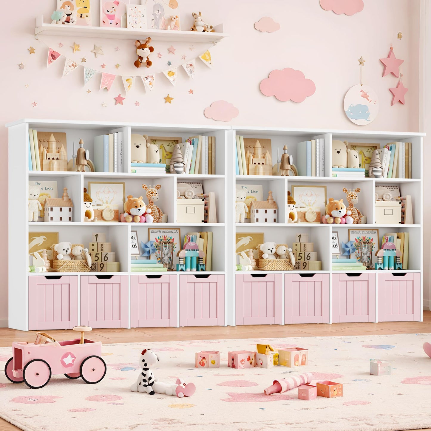 FOREHILL Children's Shelf with Boxes on Wheels, Children's Bookcase with 4 Levels, Children's Room Furniture, Toy Regulator, Storage Shelf, Bookcase for Children, Children's Cabinet, Shelf, White,