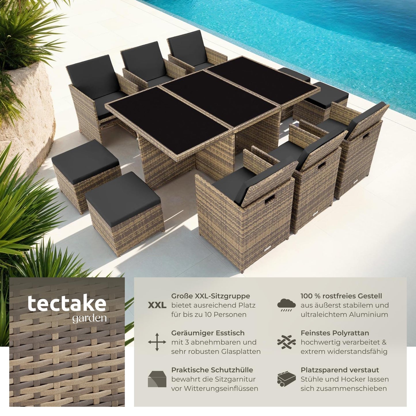 tectake Polyrattan Gartenmöbel Set, Sitzgruppe mit 6 Stühle +1 Glasplatte Tisch + 4 Hocker, Gartenlounge Set klappbar, für bis zu 10 Personen, Balkon Möbel, inkl. 2 Bezugsset - Natur
