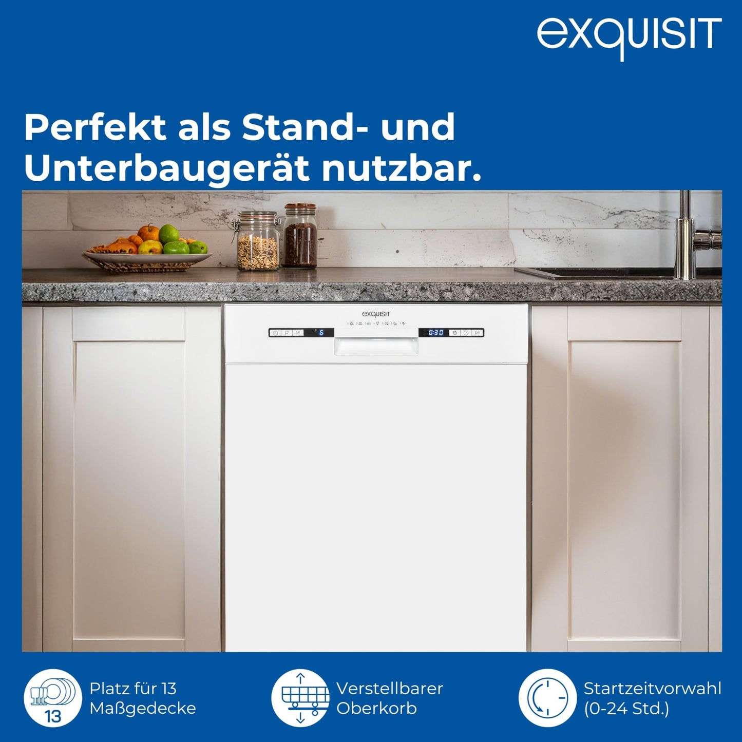 Exquisit PRO GSP56314-030C Dishwasher 60 cm, Undermountable, Energy Efficiency Class: C, 14 Place Settings, Cutlery Drawer, Automatic Door Opening, Delay Start, 11 Litres, Silver