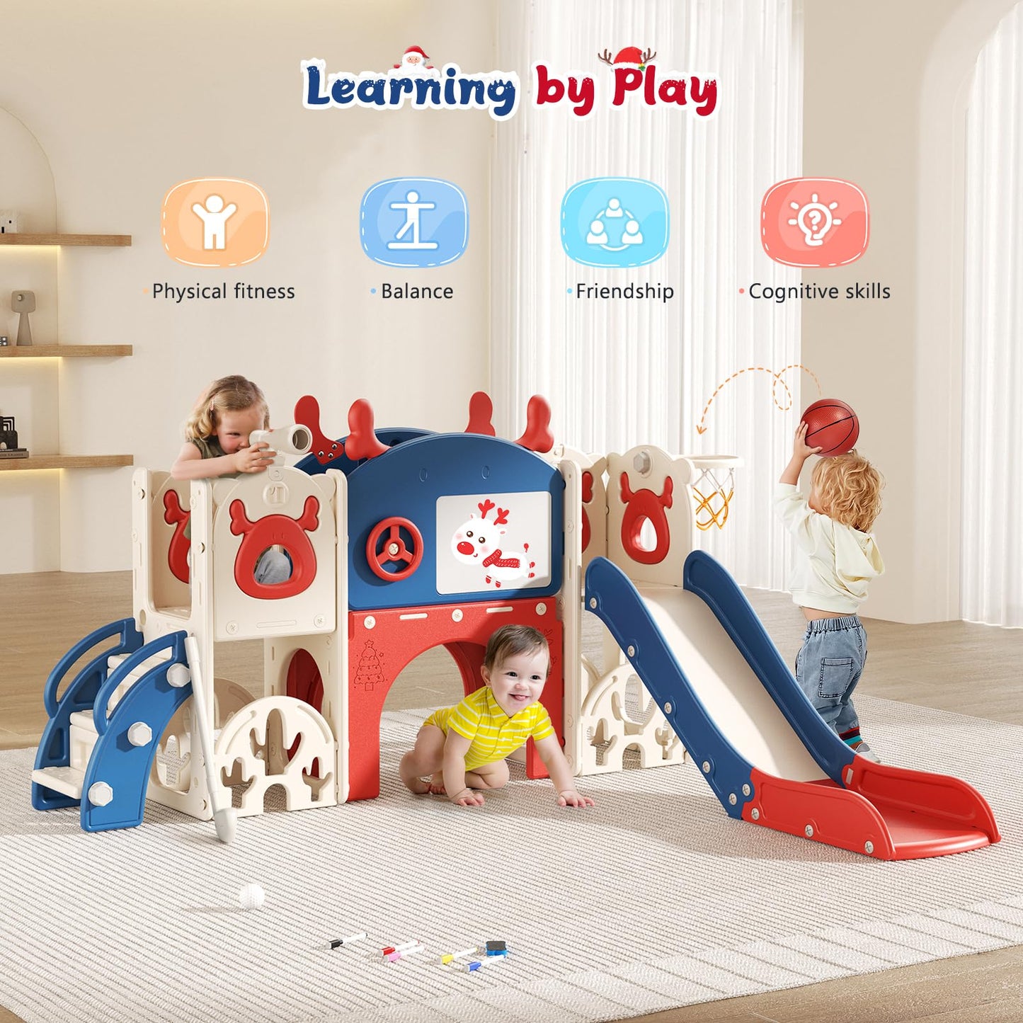 Krovtoy Kleinkindrutsche mit Weihnachtselch-Motiv, freistehende Kleinkindrutsche mit Golf-Set, Babyrutsche, Spielplatzgerät, für den Innen- und Außenbereich (Grau Beige - 6 in 1)