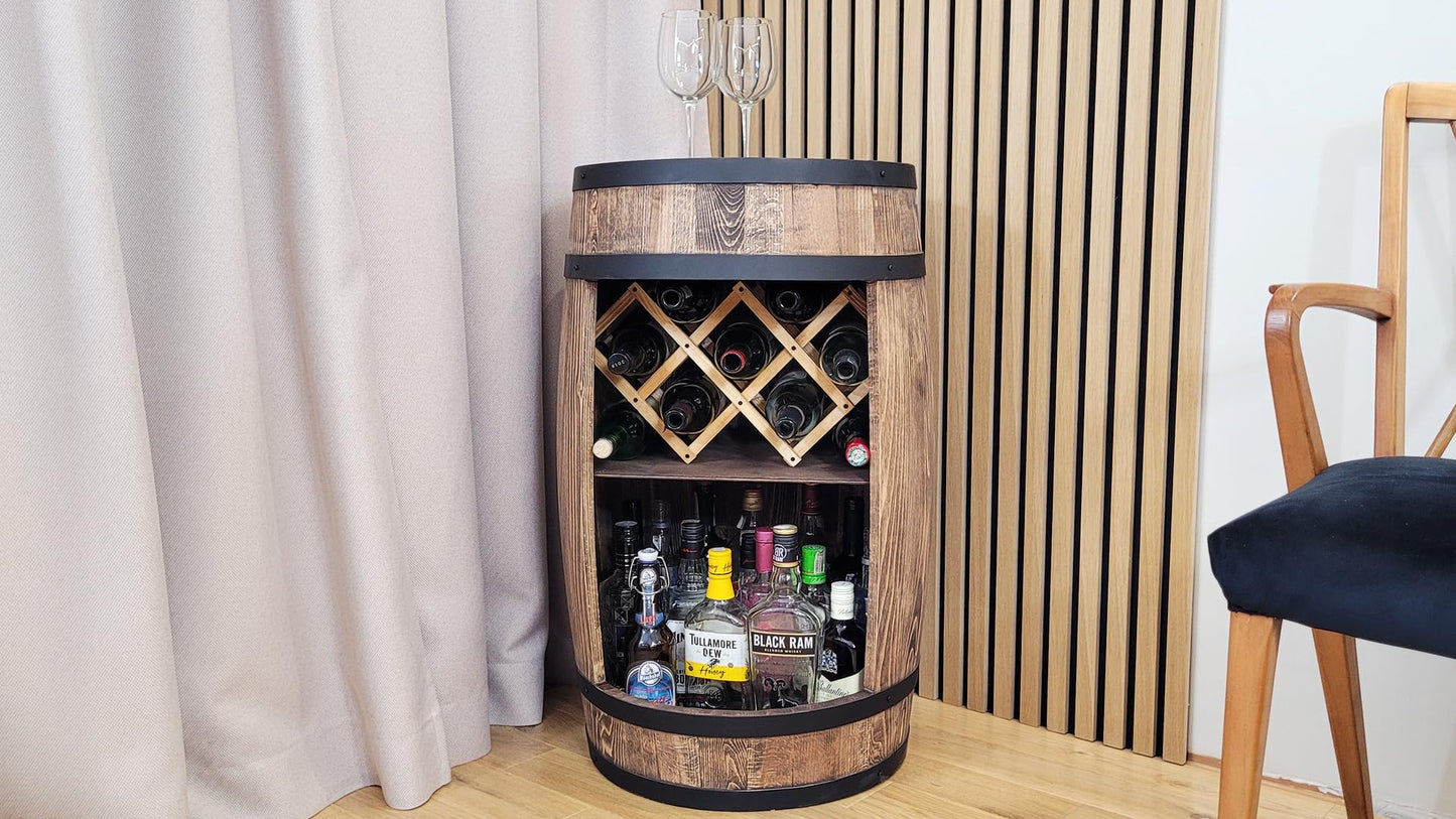 Barrel Bar with LED Lighting and Wine Holder Wine Rack - Wooden Barrel Home Bar 80 cm Rustic Decorative Bar Cabinet Wine Stand - Barrel Beer Wine Bottle Stand - Bar Whisky Gift (Dark Brown)