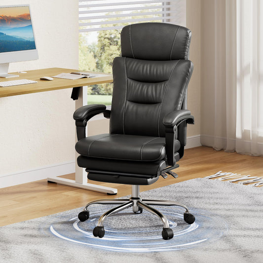 DEVAISE Chefsesse PU Leder, Bürostuhl Ergonomisch mit Fußstütze und Lendenwirbelstütze, Wippfunktion und Winkelverriegelung, Hohe Rückenlehne, Höhenverstellbar, Liegestuhl für Büro & Zuhause, Schwarz