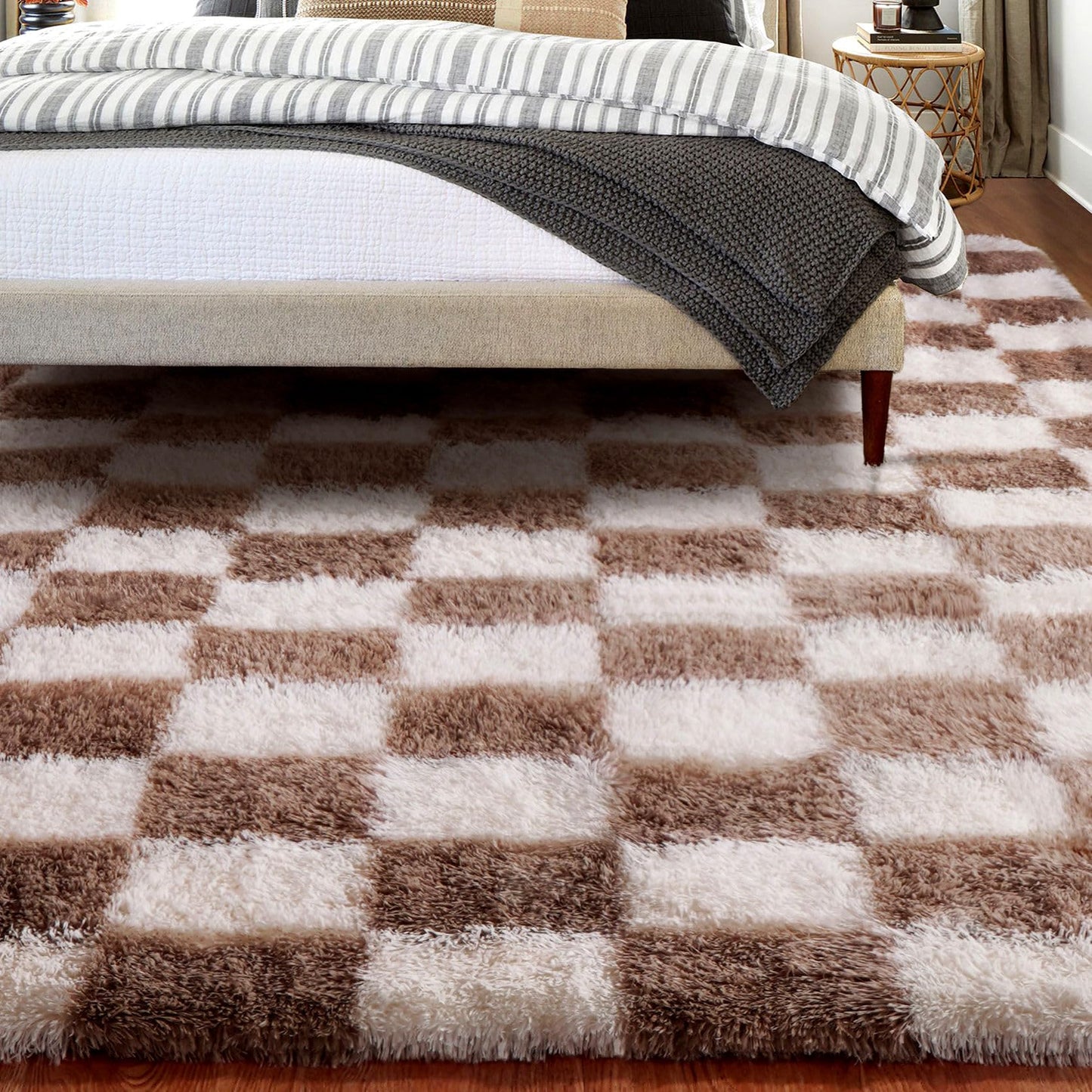 BYBSRLL Checked Rug Pink and White 120 x 180 cm High Pile Soft Fluffy Cuddly Rug Washable Rug Living Room Bedroom Children's Room Girls Non-Slip Rugs for Living Room