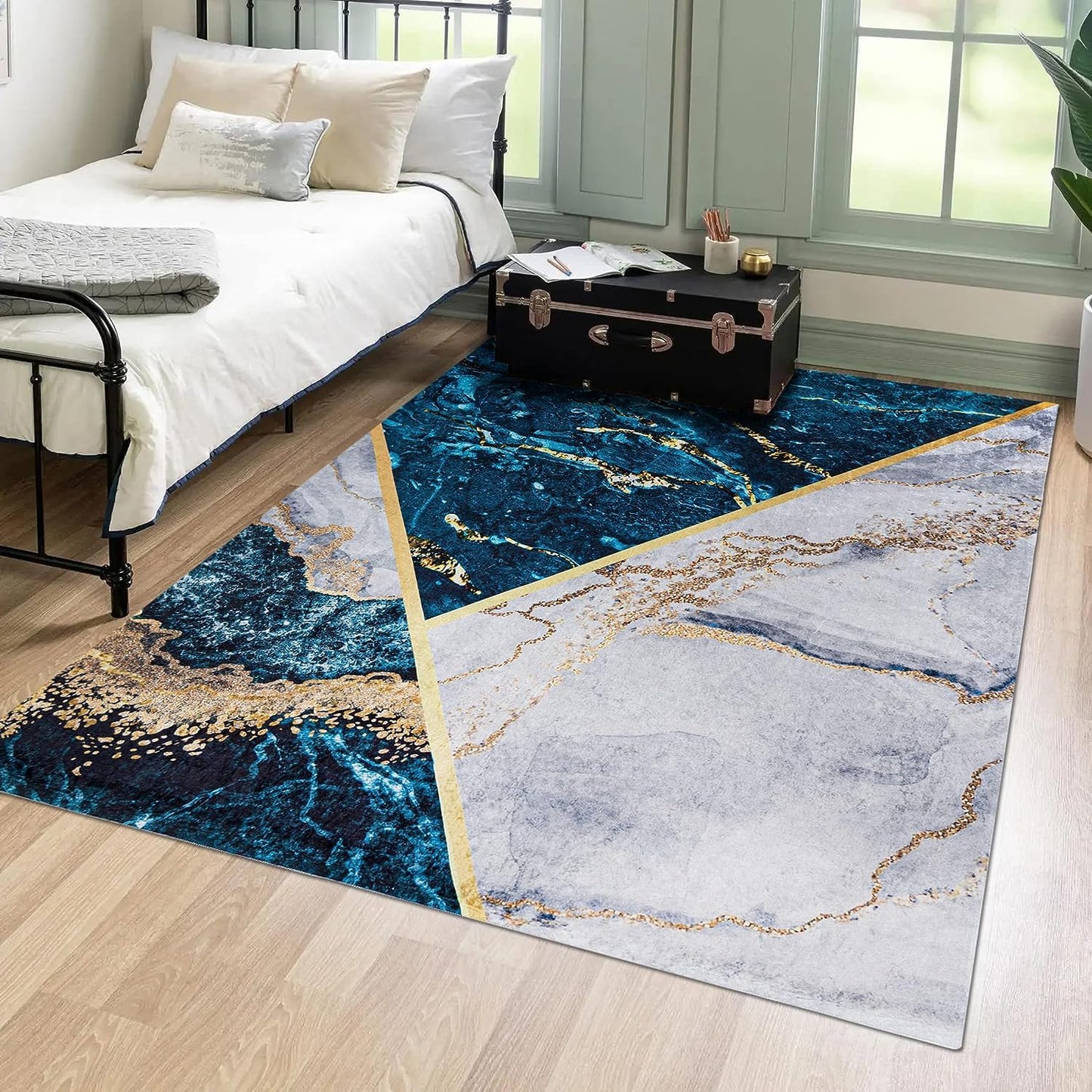 Mazovia Modern Teppich - Kurzflor Waschbar - Weich Teppich für Wohnzimmer, Schlafzimmer, Esszimmer – Teppiche Marmor Abstrakt Muster - Schwarz Gold 160 x 230 cm