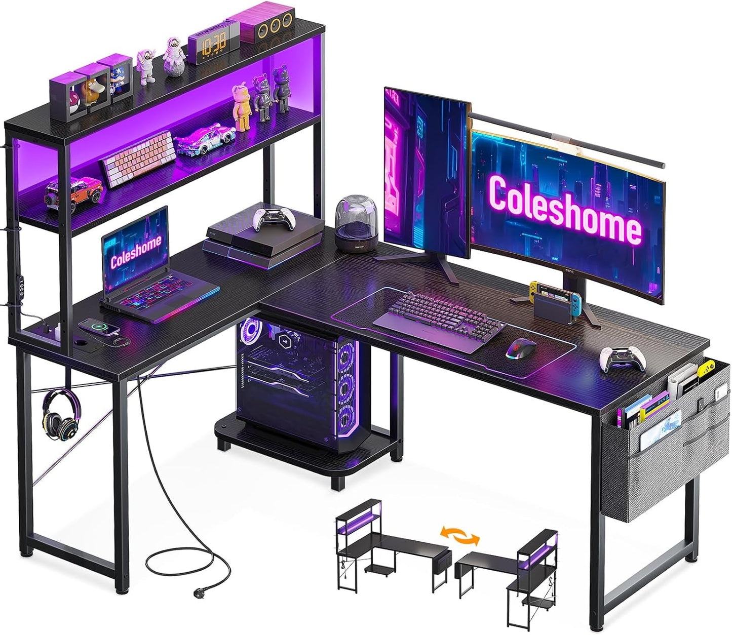 Coleshome Gaming Tisch L Form mit LED & Steckdosen, 135 × 100 cm Reversibel Gaming Schreibtisch mit Ablageregalen, Eckschreibtisch mit Aufbewahrungstasche für Homeoffice und Gaming, Schwarz