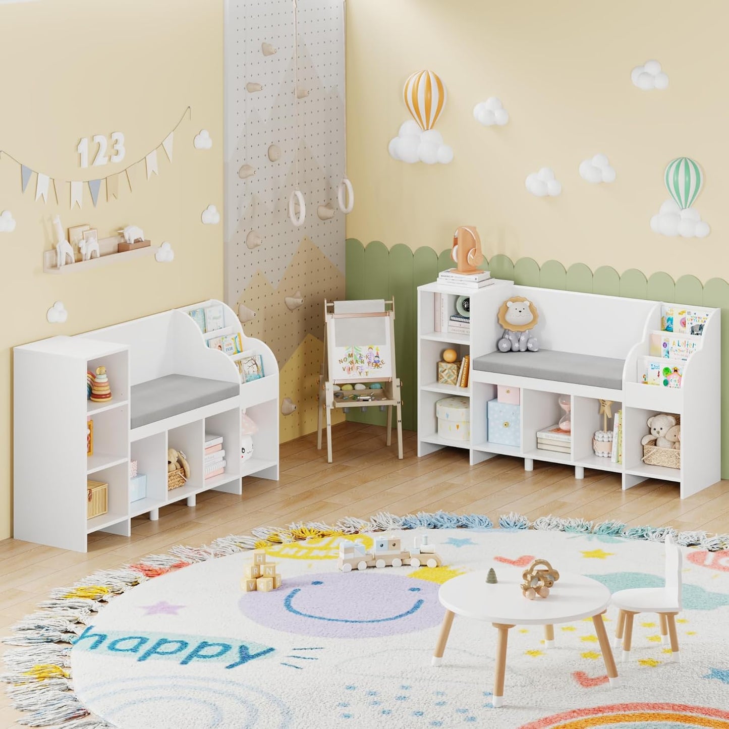 HOCSOK Kinderregal, 138.5 cm Bücherregal Kinder mit Kissen und 7 Ablagefächern, Spielzeugregal Aufbewahrung für Kinderzimmer, Spielzimmer, Kindergärten, Weiß, 80×40×138.5cm
