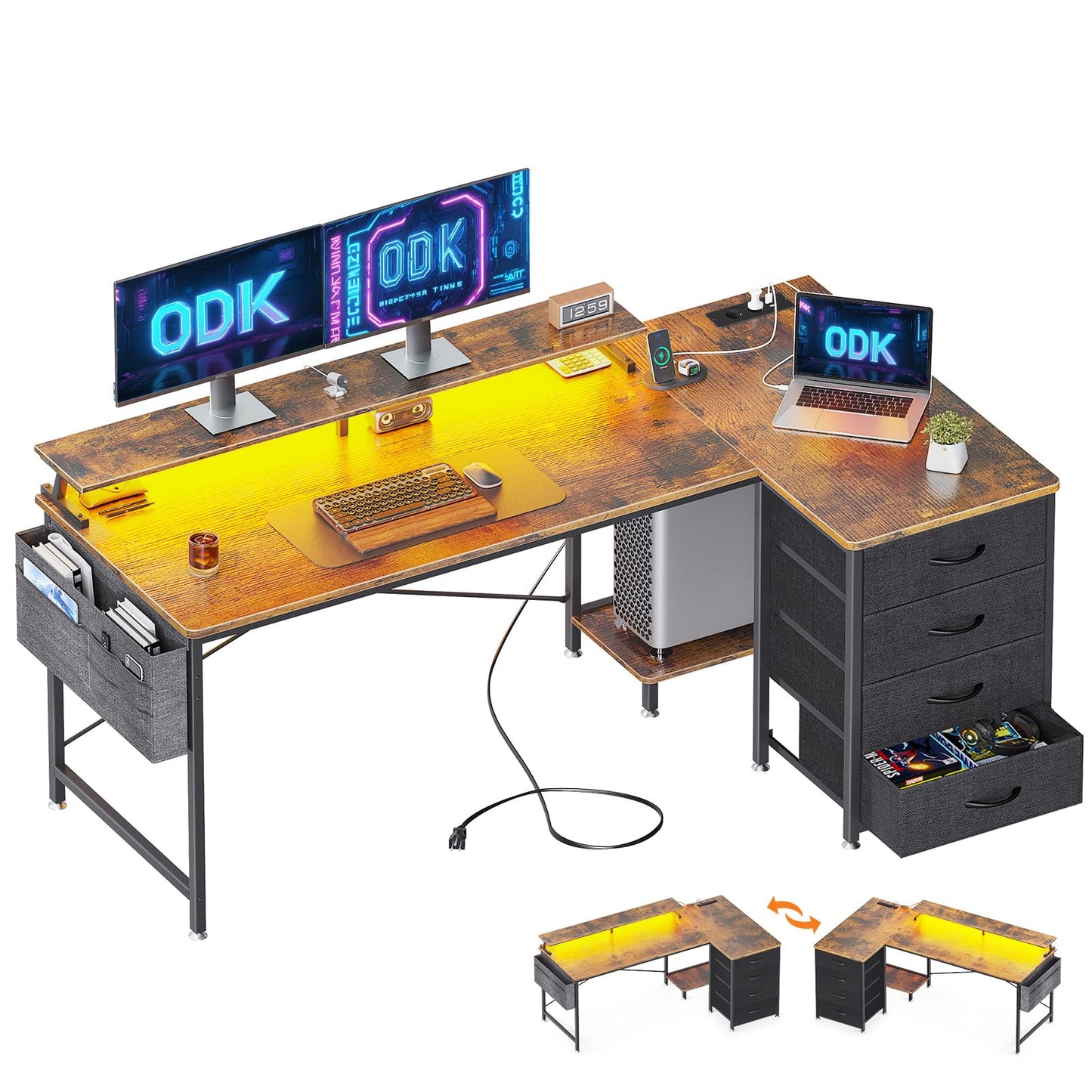 ODK Eckschreibtisch mit 4 Stoff Schubladen, 160x80cm Reversible Schreibtisch L Form mit 2 Steckdosen und 2 USB Ladeanschluss, Gaming Tisch L Form mit LED&Monitorständer für Home Office, Schwarz