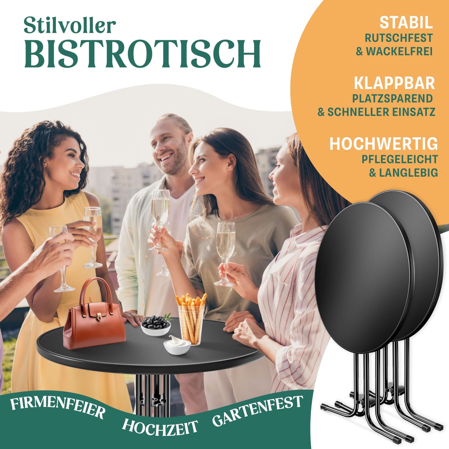 KESSER® Gastro Bar Table Folding Bistro Table Powder-Coated Stainless Steel Top Height-Adjustable Feet Party Table Diameter 80 cm Indoor and Outdoor Reception Table Folding Table Including Cover Black