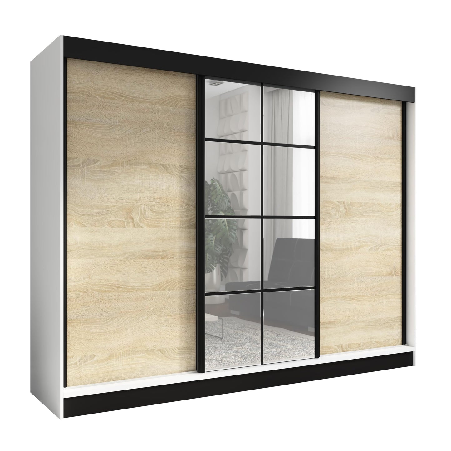 A&J MöbelLand Oravelle Sliding Door Wardrobe 3 Doors with Drawers and Mirror 200 cm (Black)
