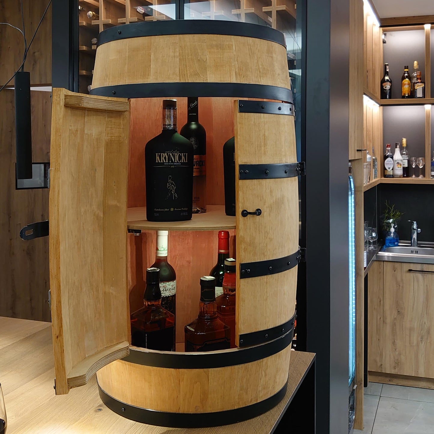 CREATIVE COOPER Wooden Wine Rack with Door with LED - Alcohol Cabinet Bottle Rack Wood - Wooden Barrel - Barrel Furniture - Wine Stand - Wine Barrel - Wine Bar - Barrel Bar with Door - Mini Bar 80 cm