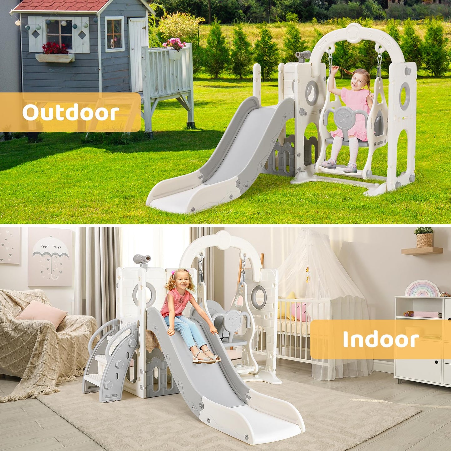 Swing Slide, 5-in-1 Children's Slide with Swing, Climbing Frame, Telescope, Storage, Indoor and Outdoor Freestanding Slide, Playground for Toddlers, for Max 60 kg from 1-6 Years, 2 Pieces Modules