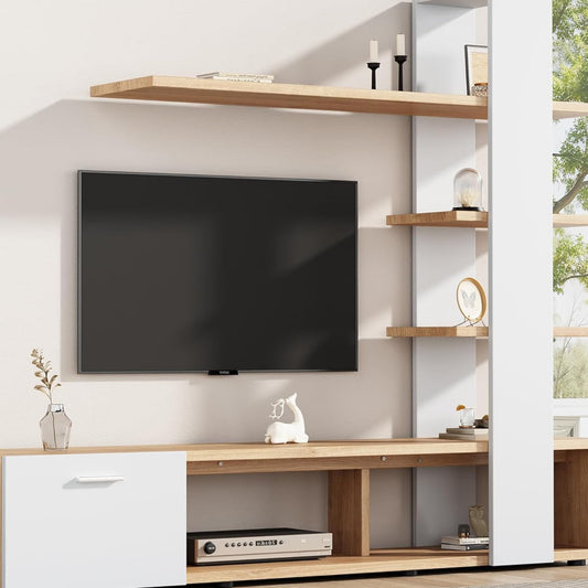 Merax Living Room Furniture Set, 1 x TV Lowboard, Three-Layer Wall Shelf, Living Room Furniture Complete, Elegant Cabinet Wall, Media Wall, Lots of Storage Space, for 60 Inch TVs, White & Wood Colour