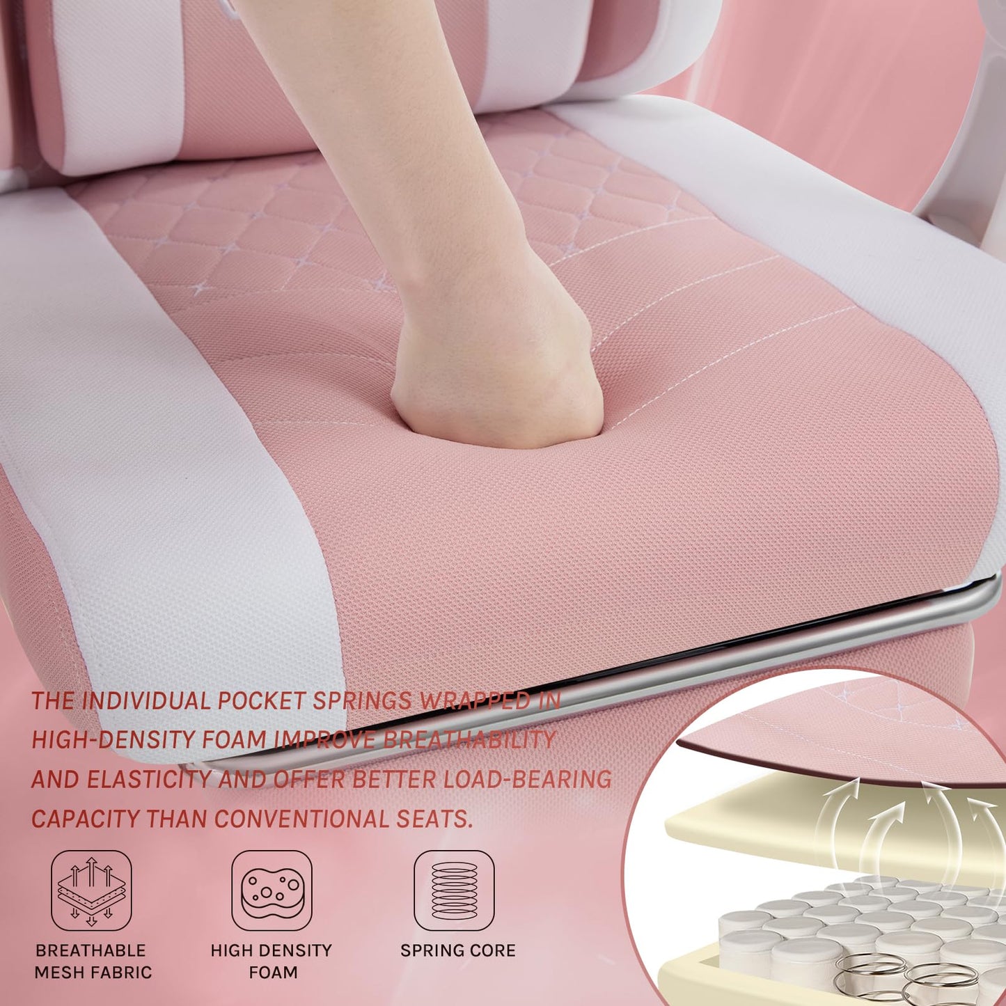 WOLTU Gaming Stuhl mit Massagefunktion, Computerstuhl Ergonomisch, Taschenfederkissen, Lendenmassage, Kopfkissen, Fußstütze, Drehstuhl, 150 kg, Netzstoff, Rosa+Weiß