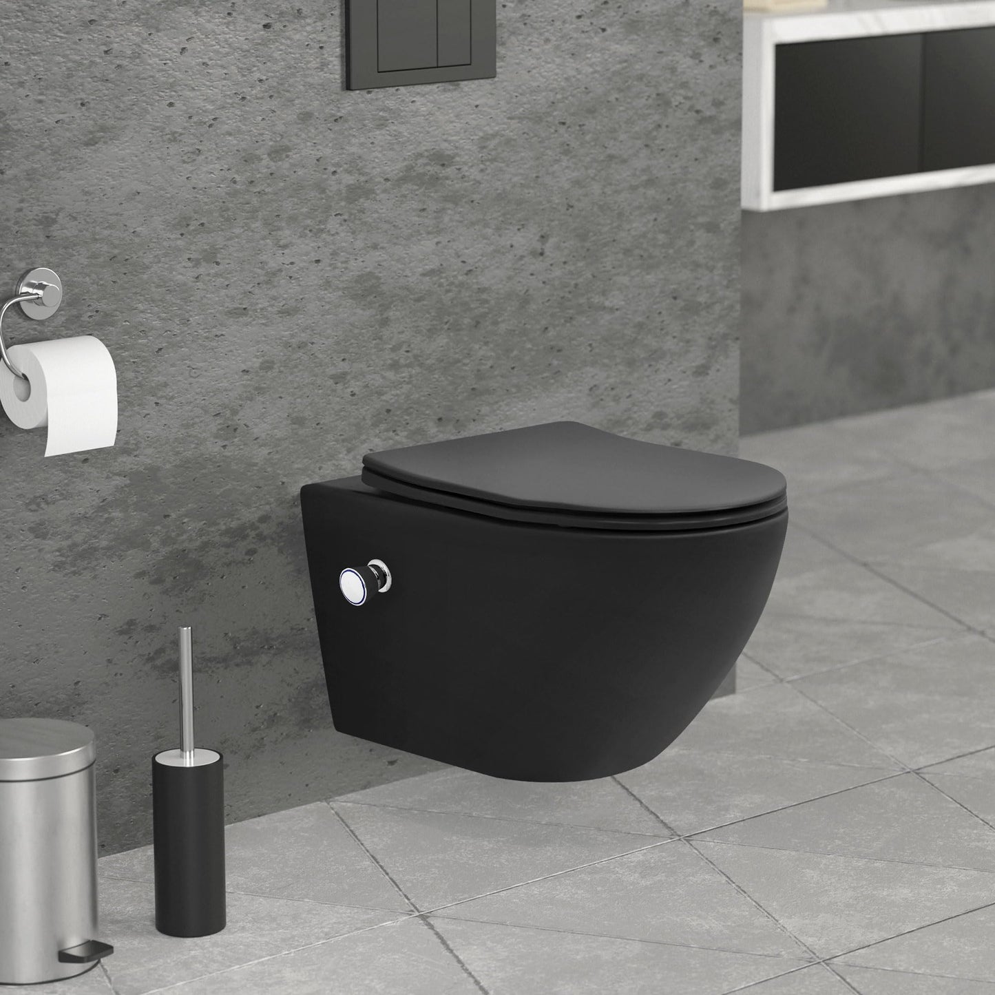 LuxeBath Wall-Mounted Toilet Rimless with Bidet Function, White, Deep Washdown Ceramic Hanging Toilet, Long 53.5 cm, Shower Toilet Nano Coating, Tornado Flush, Shiny Toilet Bowl Hanging with Toilet